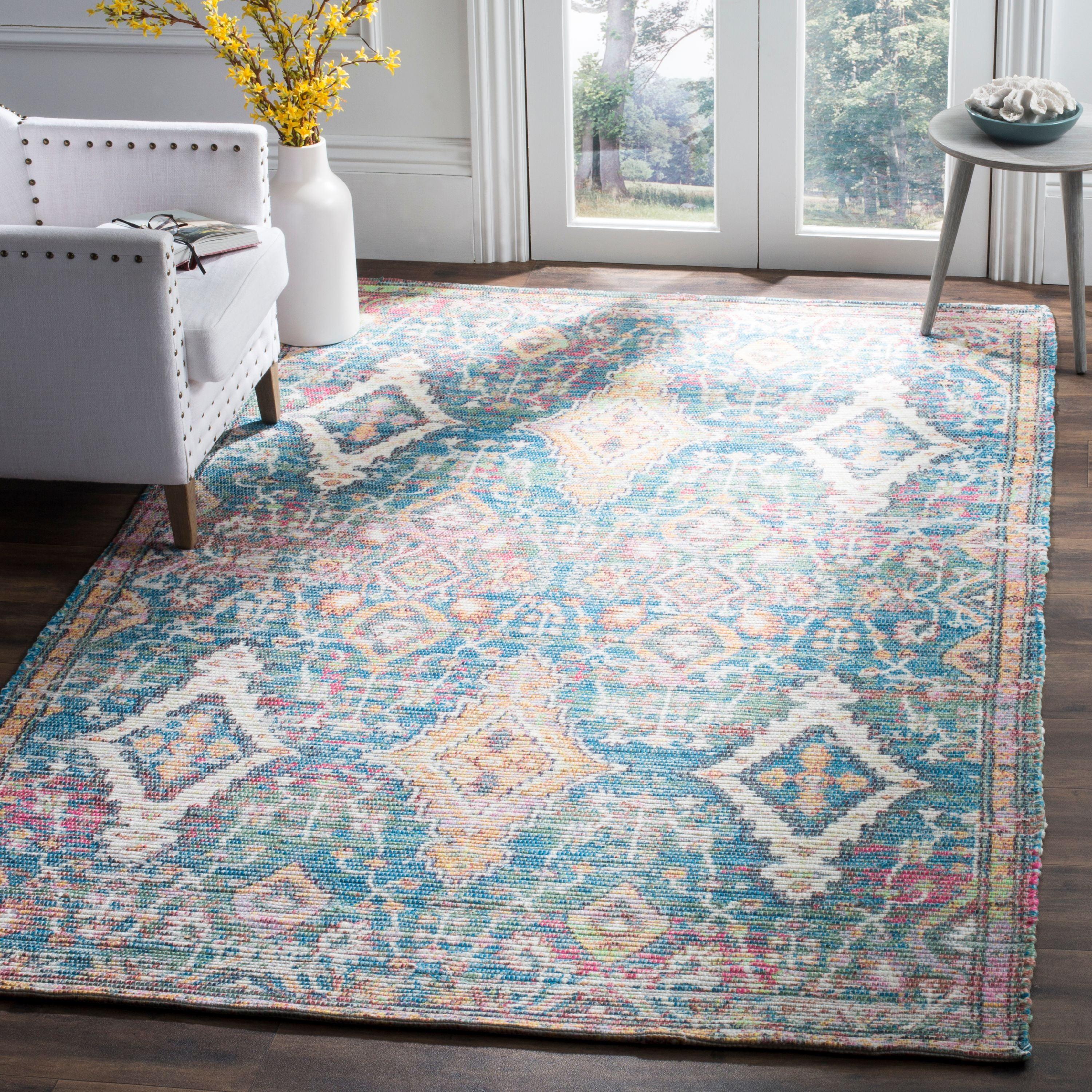 Reversible Turquoise & Peach Handwoven Cotton-Wool Blend Area Rug, 4' x 6'