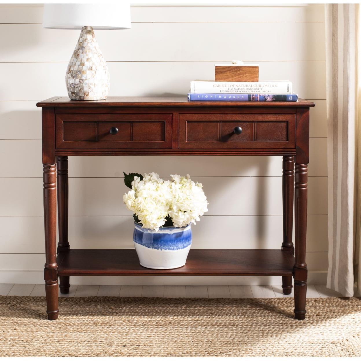 Transitional Dark Cherry Wood & Metal Console Table with Storage