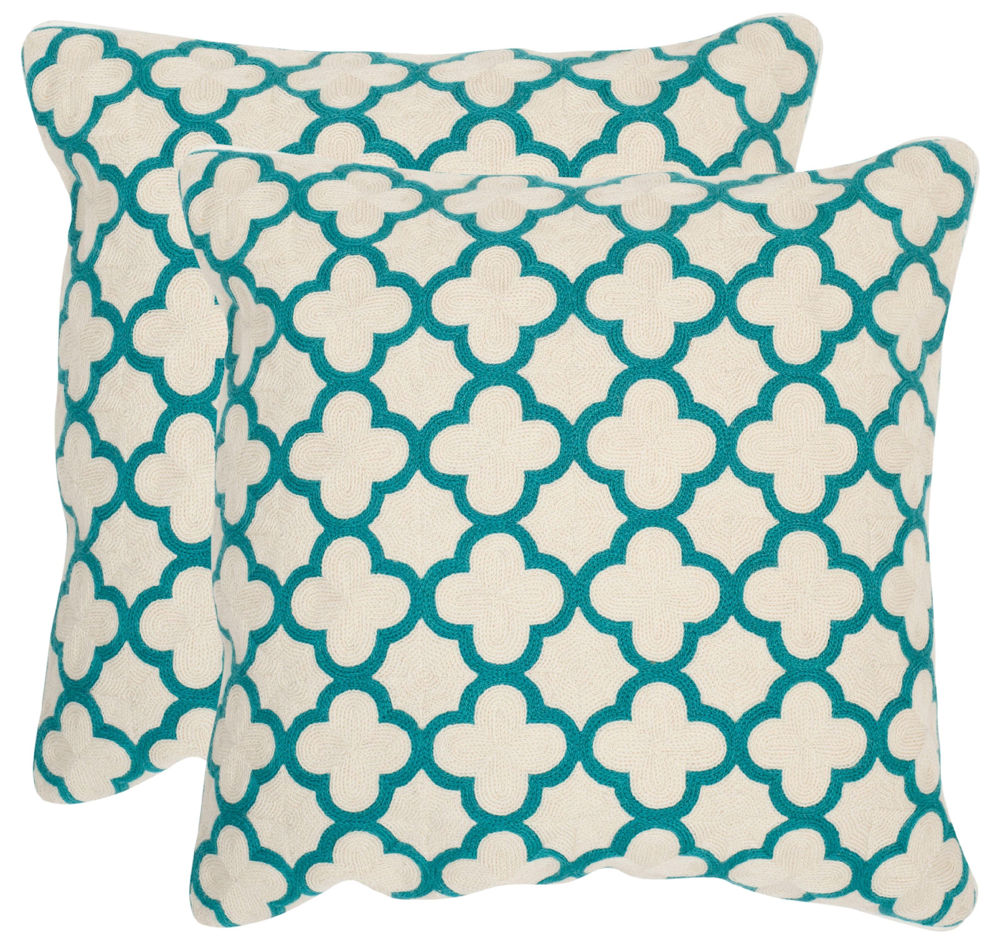 Teal and White Embroidered Square Throw Pillows, 20" Set