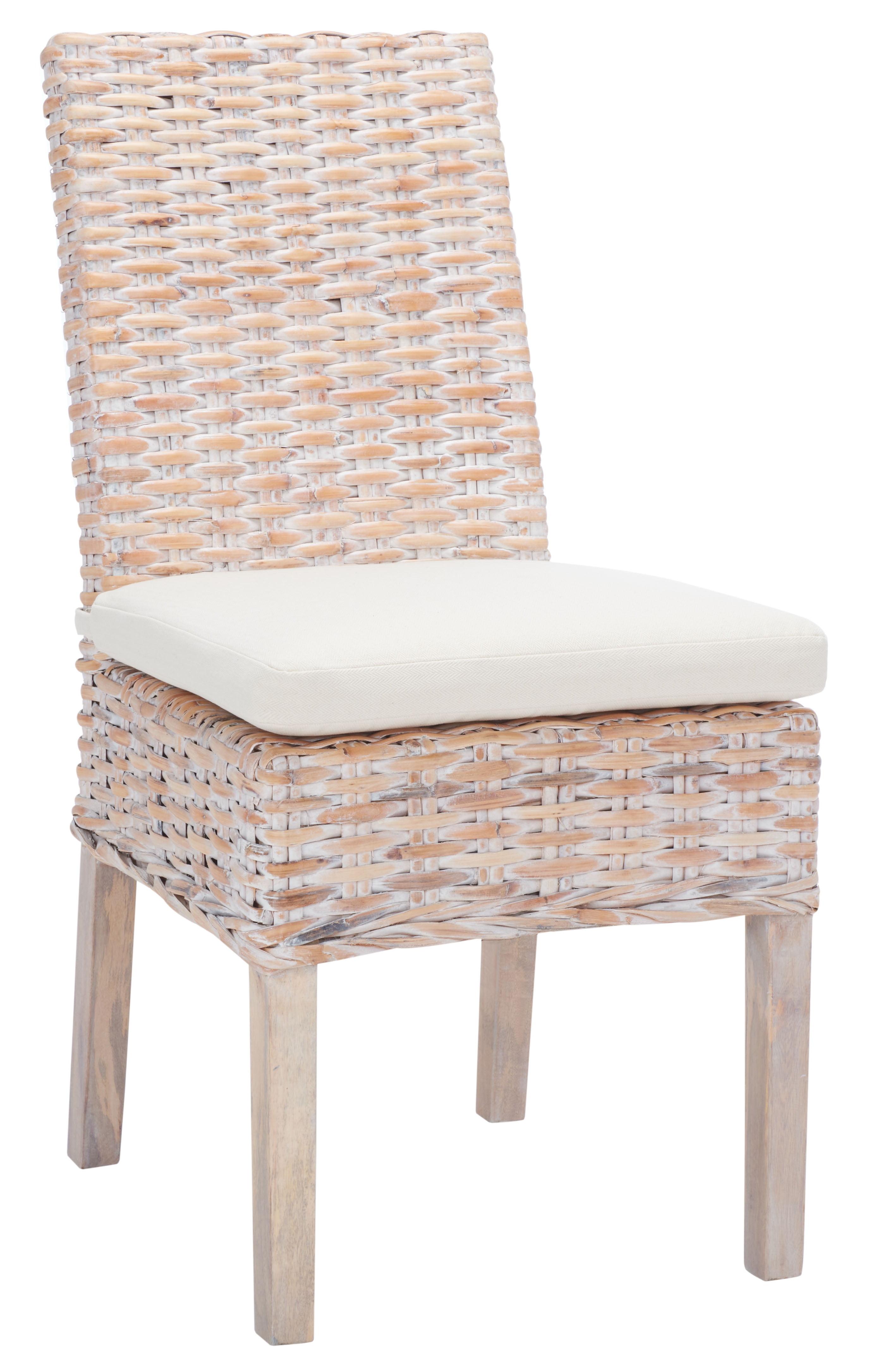 White Upholstered Rattan Side Chair with Natural Wood Legs