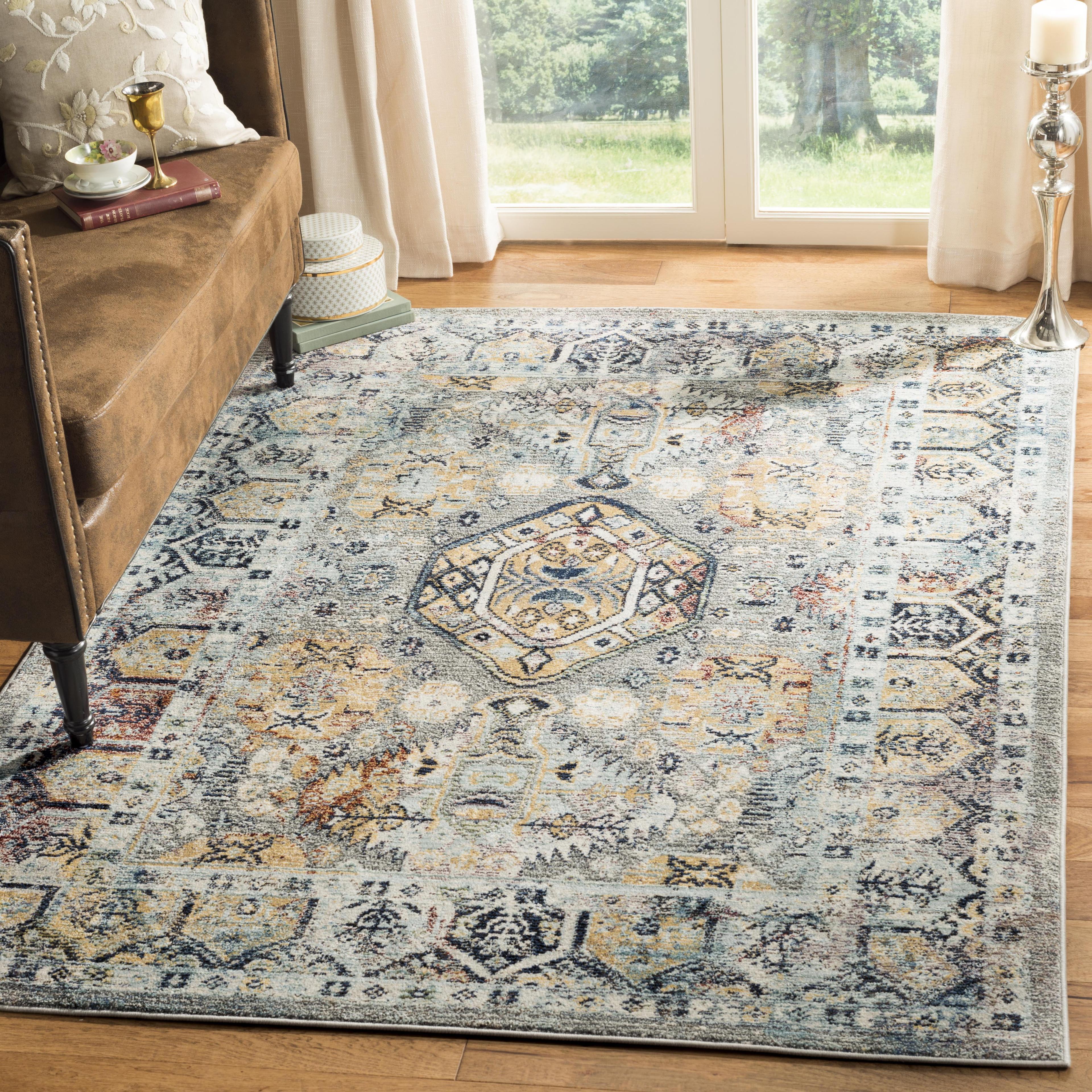 Savannah Grey and Navy Floral Motif Wool Area Rug 3' x 5'