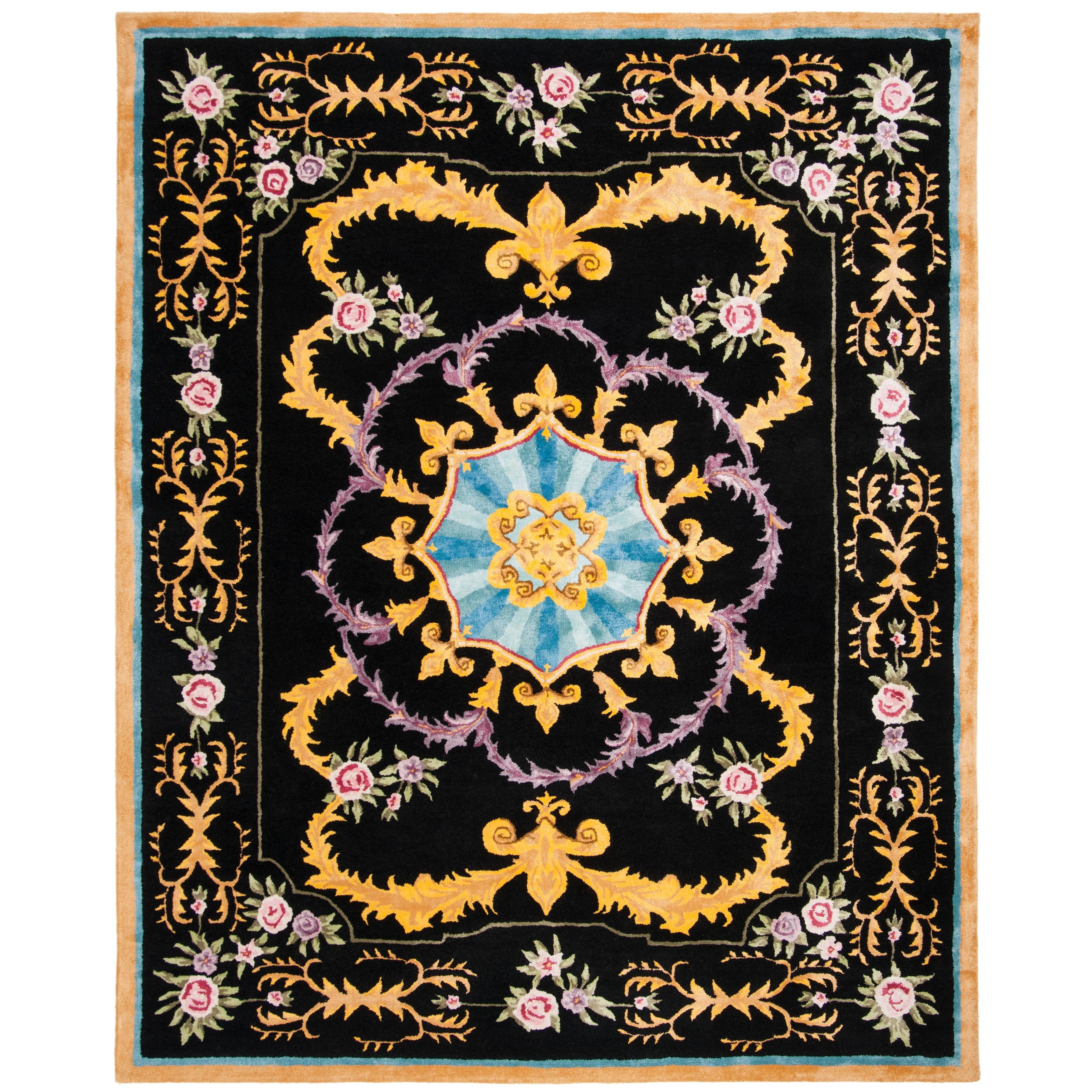 SAFAVIEH Savonnerie Elvan Floral Bordered Wool Area Rug, Black/Multi, 9' x 12'