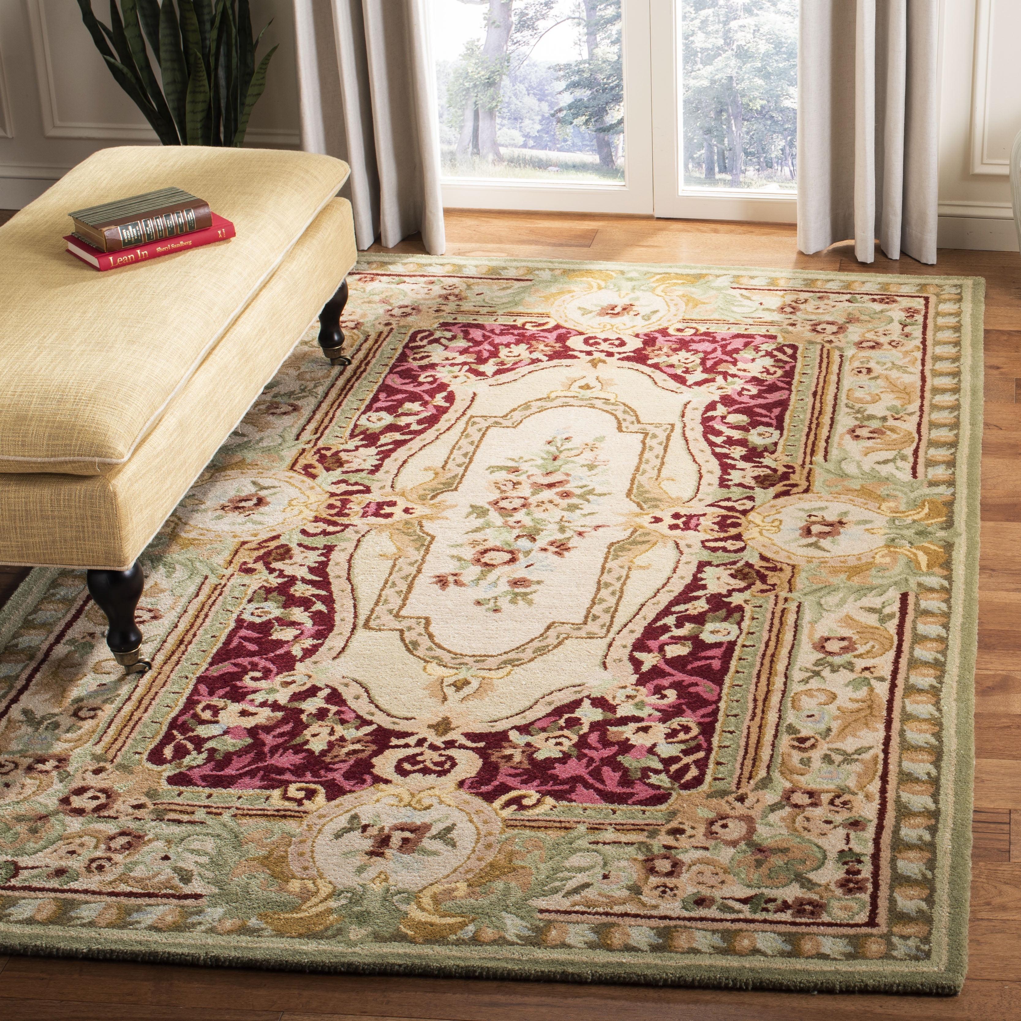 Savonnerie Red and Ivory Handmade Wool Area Rug