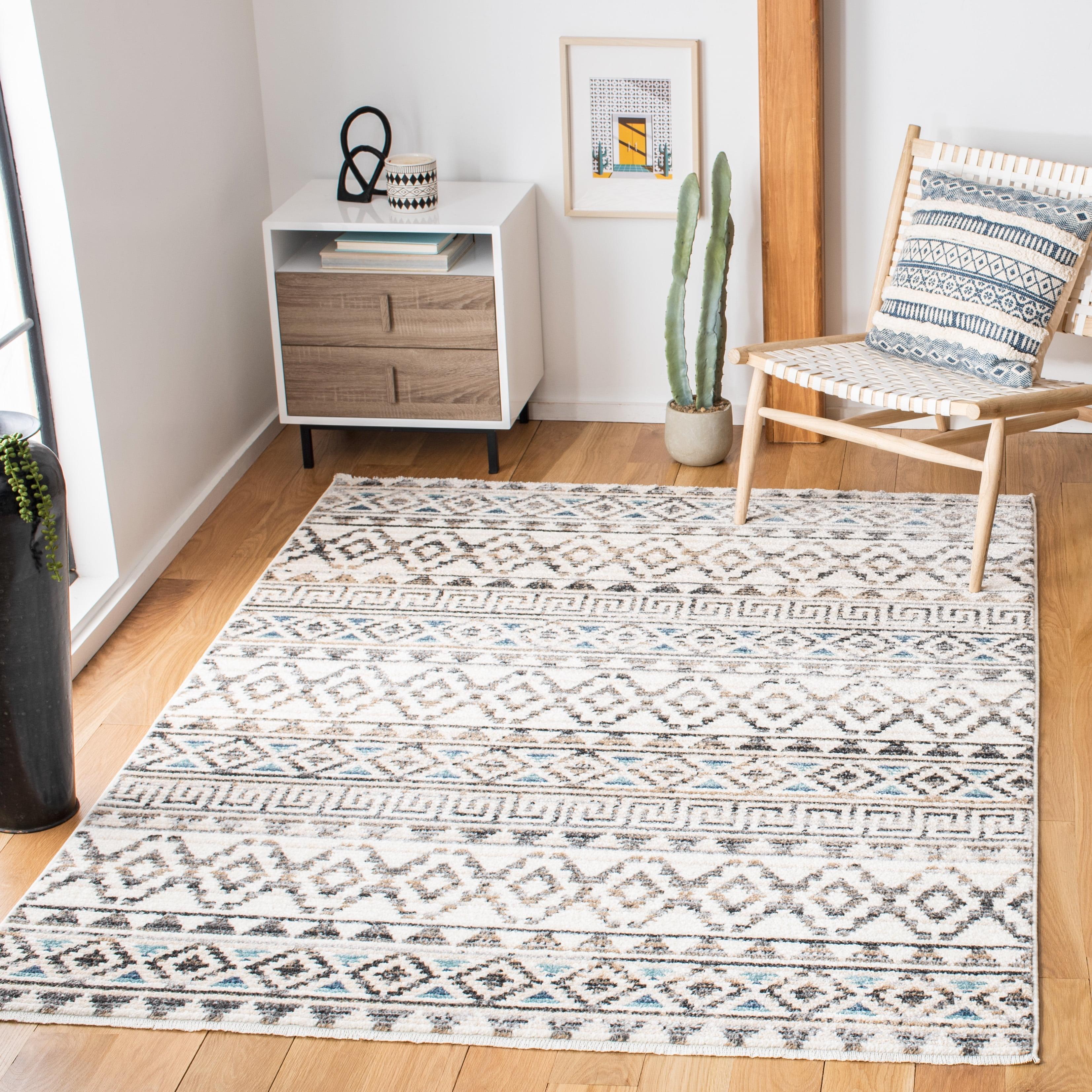 Ivory and Grey Synthetic Boho Area Rug