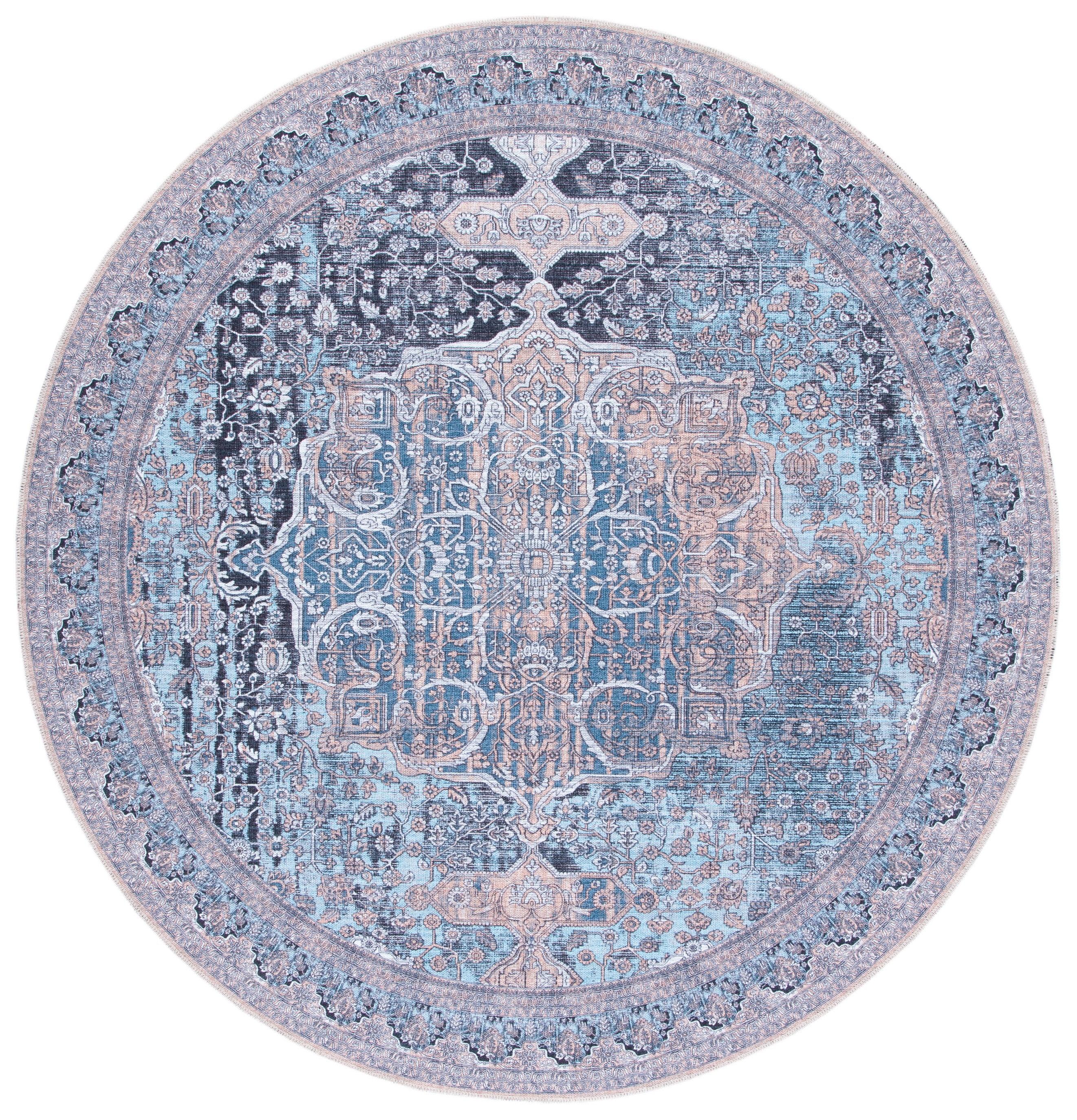 Serapi Light Blue Round Machine Washable Area Rug