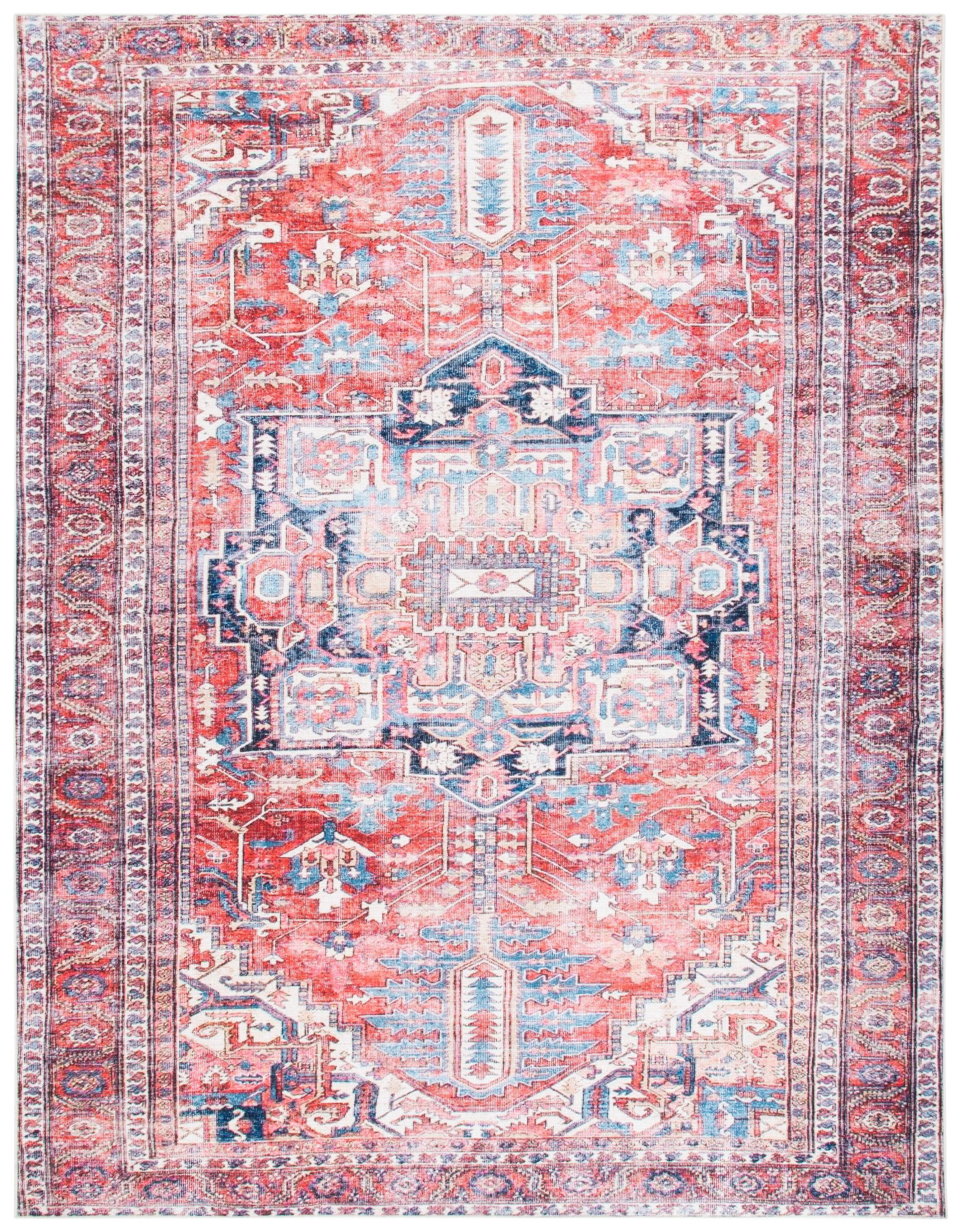 SAFAVIEH Serapi Doncho Traditional Machine Washable Area Rug, Red/Navy, 10' x 14'