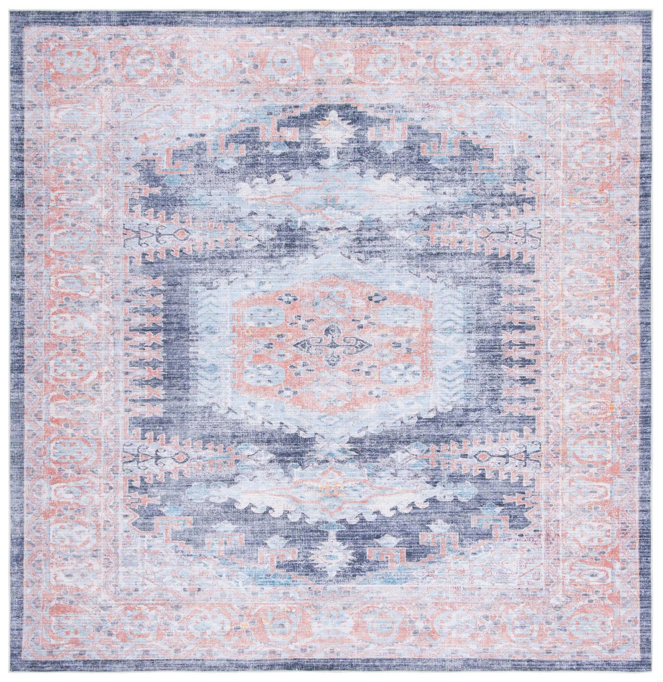 Serapi Blue and Terracotta Square Washable Area Rug