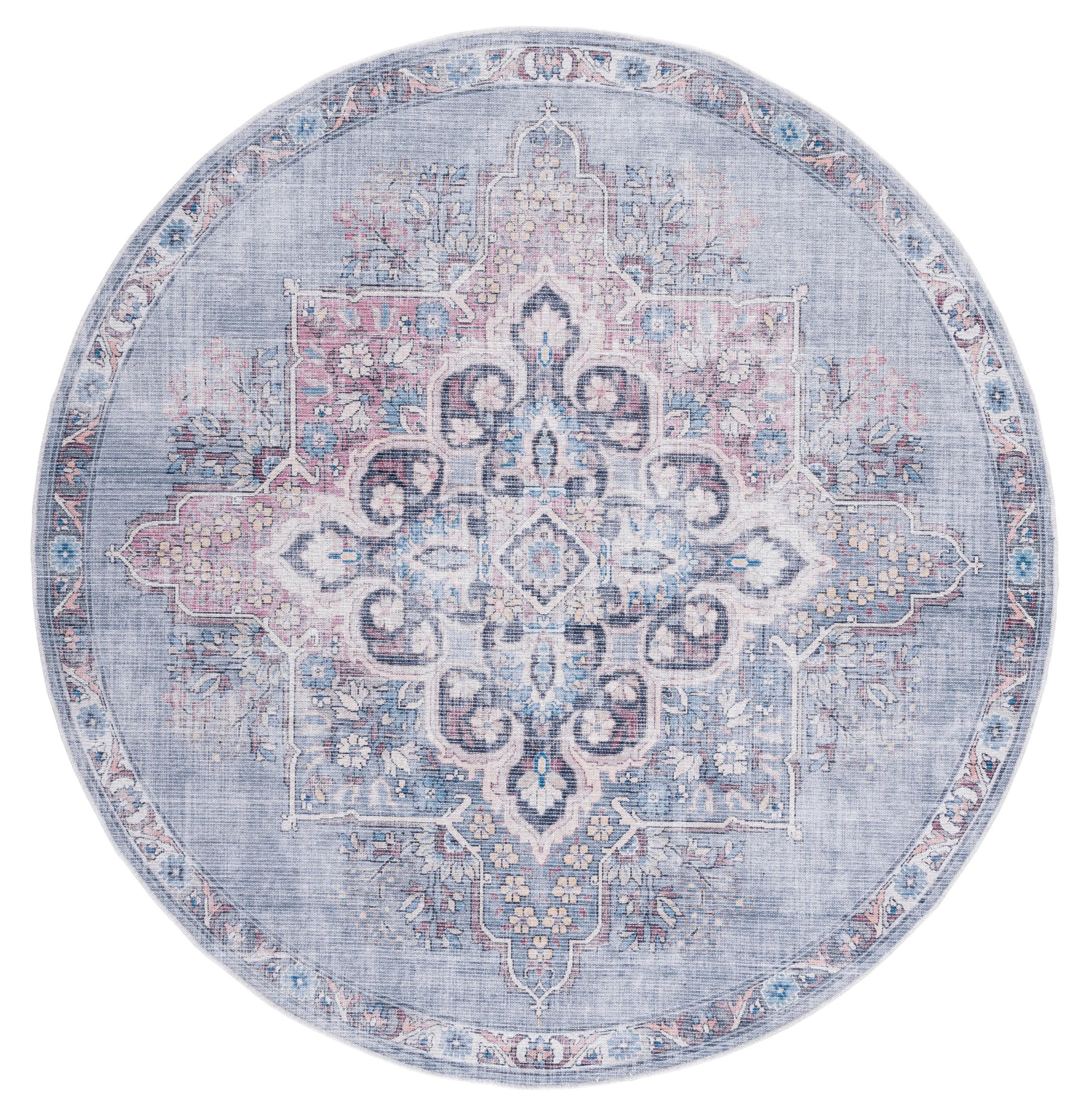 Ivory and Blue Round Washable Viscose Area Rug