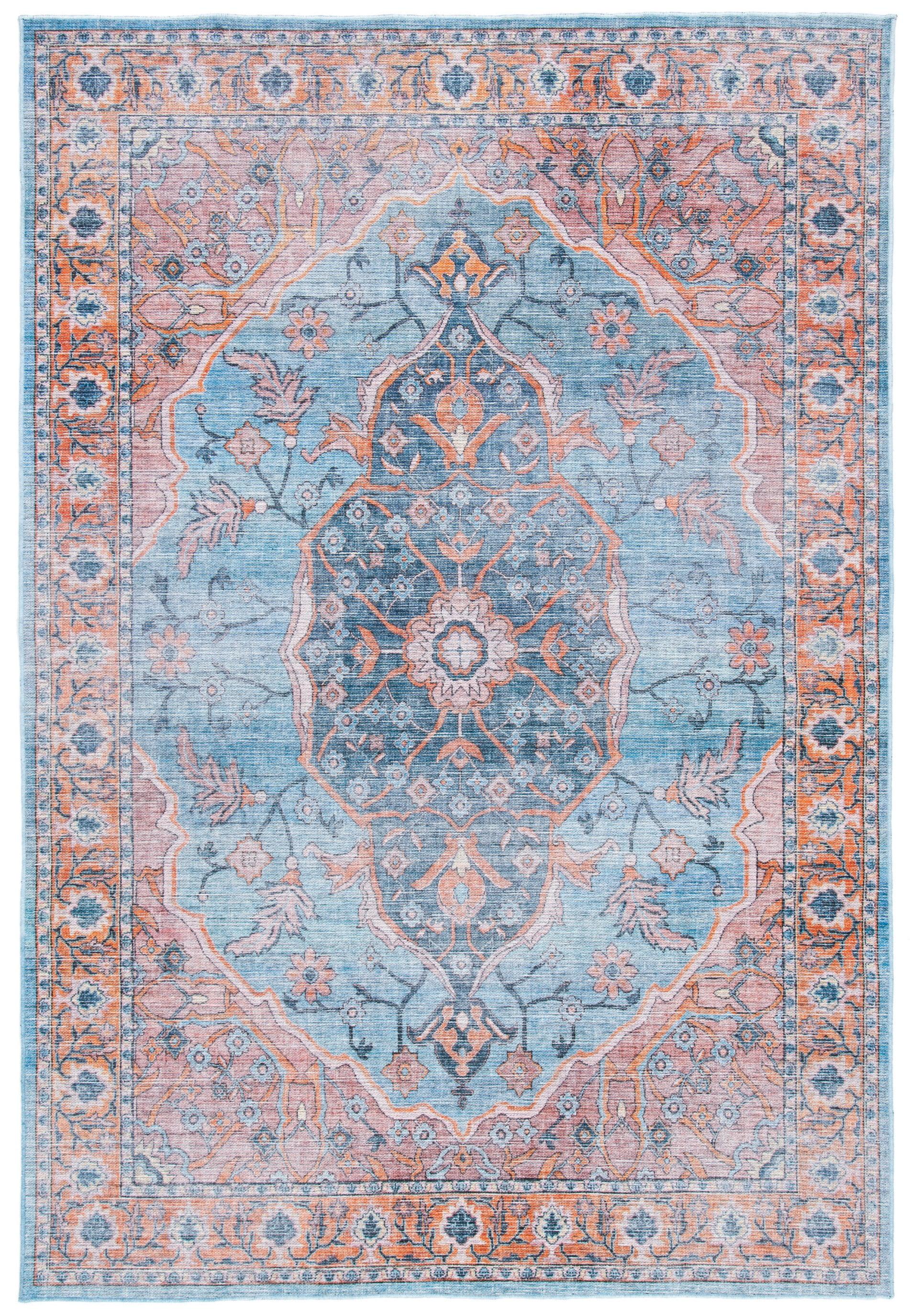 Blue and Orange 4' x 6' Washable Viscose Area Rug