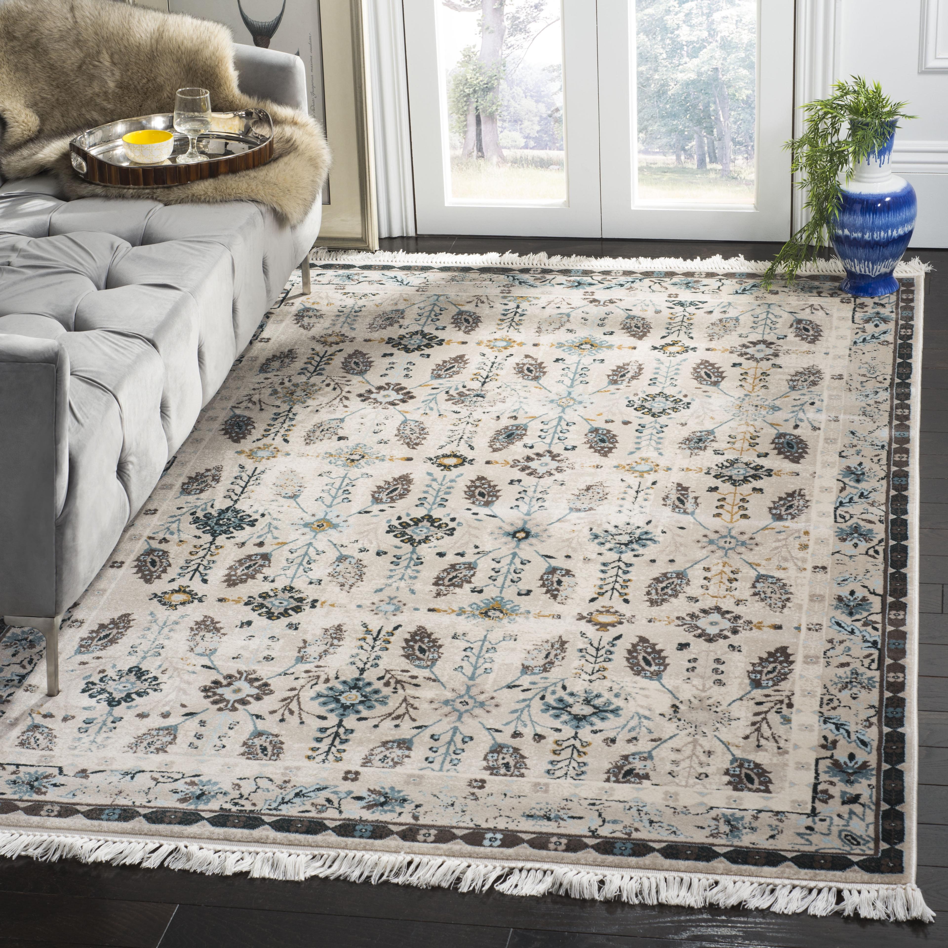 Cream and Turquoise Floral Border Rectangular Area Rug