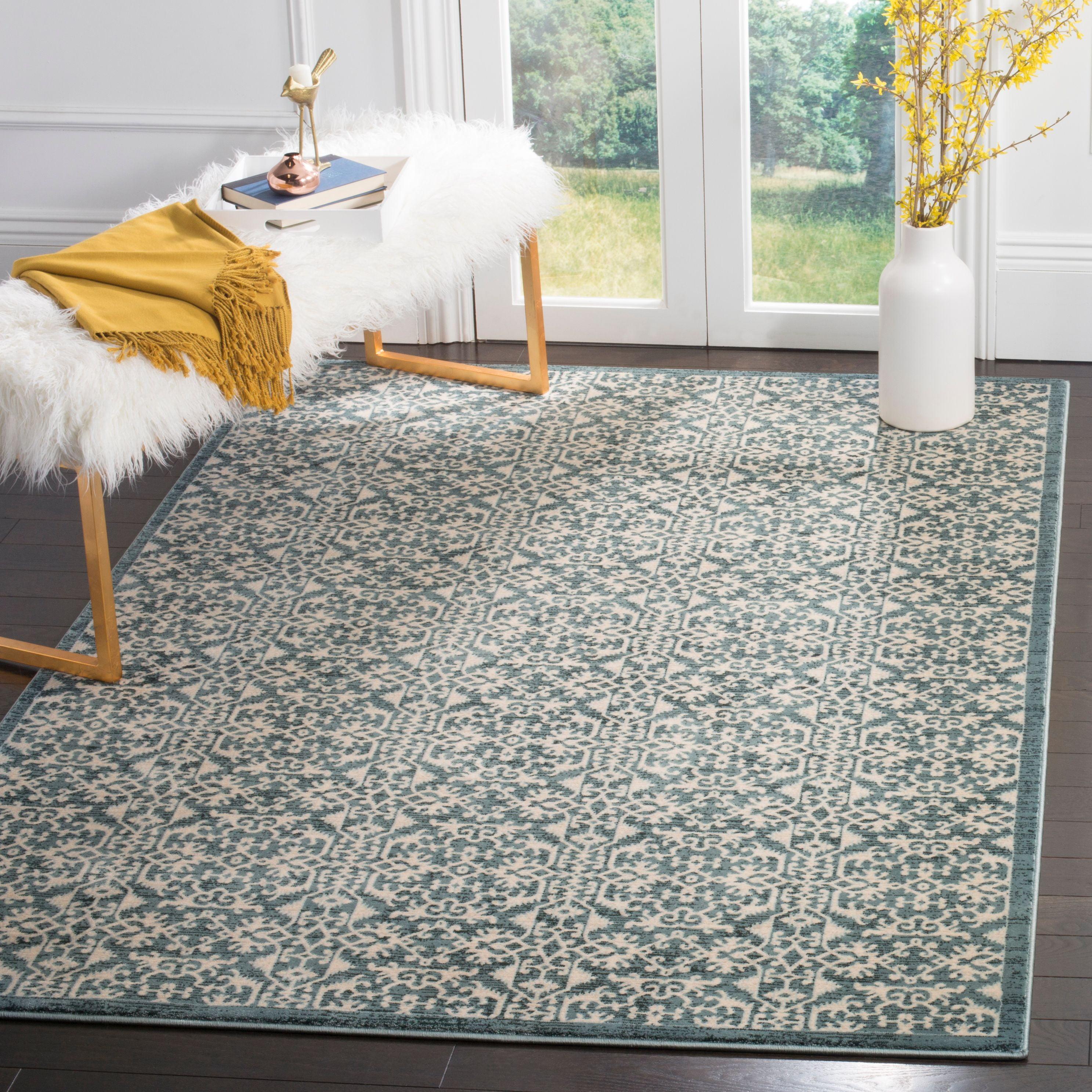 Teal and Cream Floral Motif 8' x 10' Reversible Area Rug