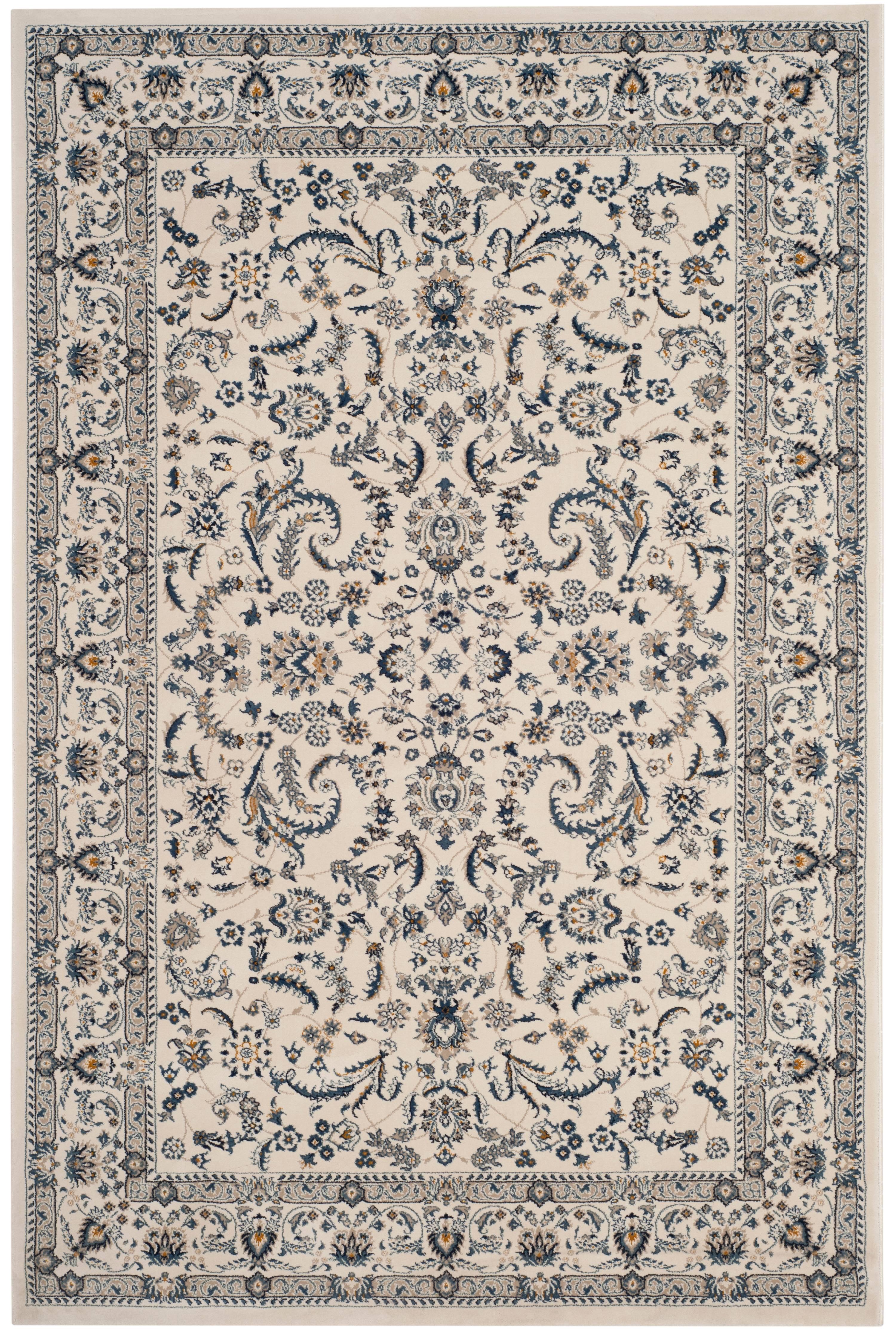 Ivory and Blue Floral Motif Rectangular Area Rug