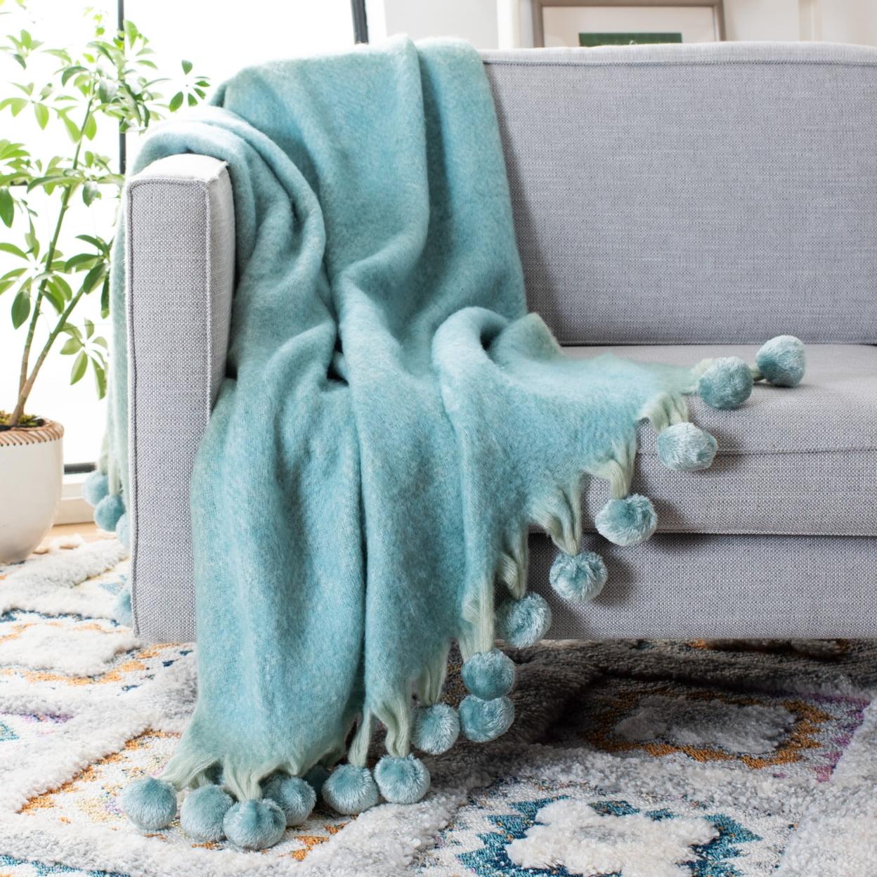 Aqua Blue Luxurious Wool Blend Throw with Playful Pom Poms