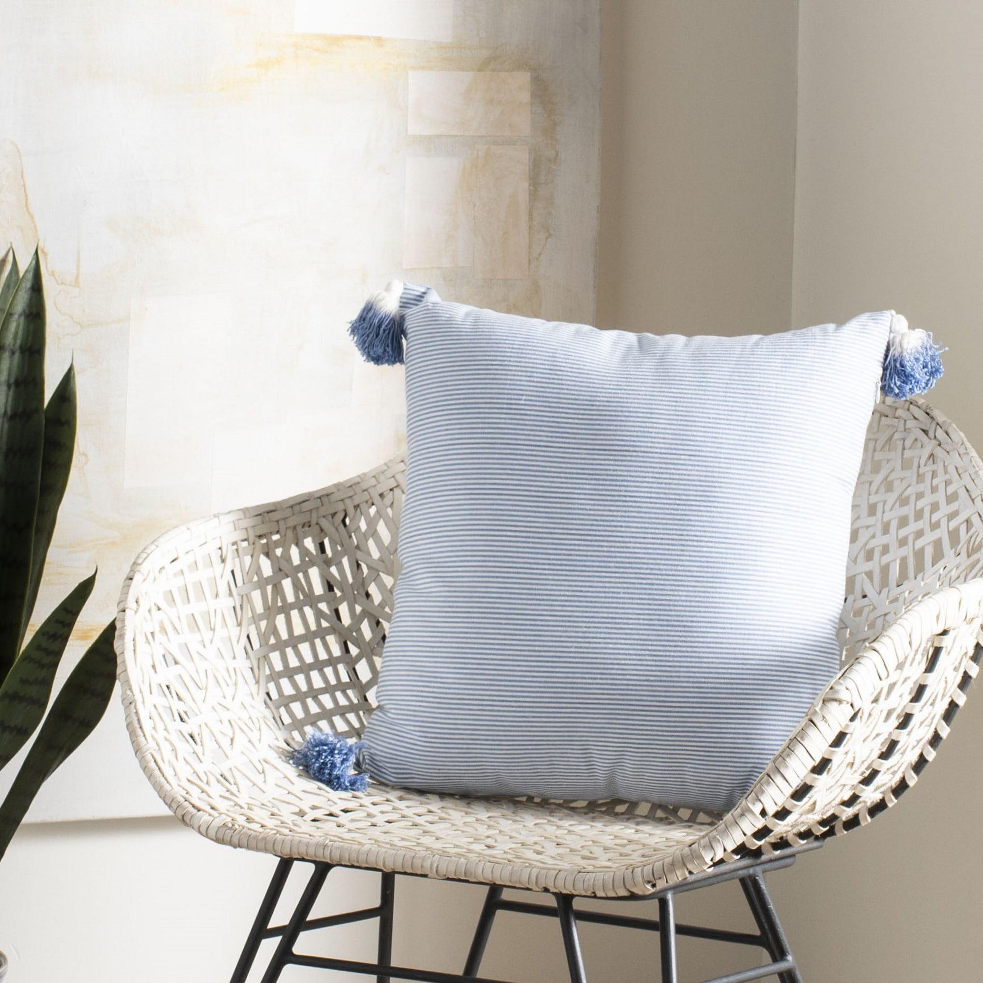 Blue and White Square Embroidered Decorative Pillow with Tassels