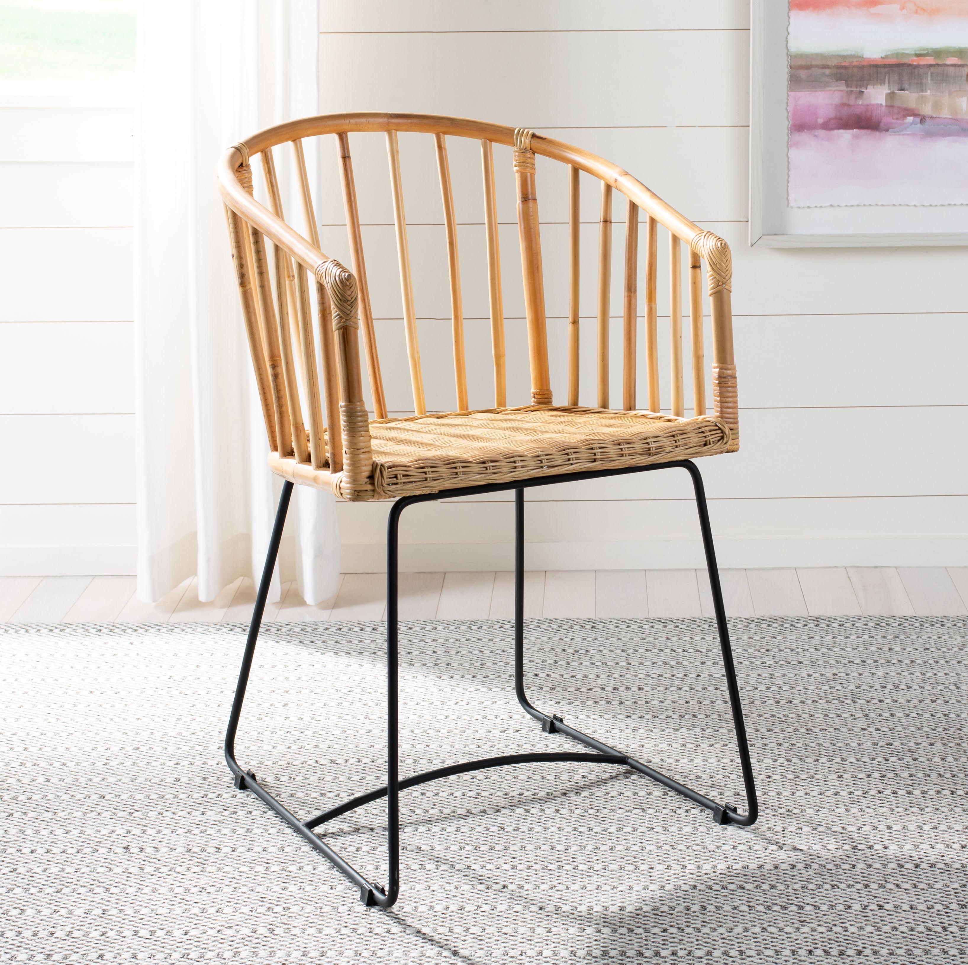 Natural Rattan Barrel Dining Chair with Black Hairpin Legs