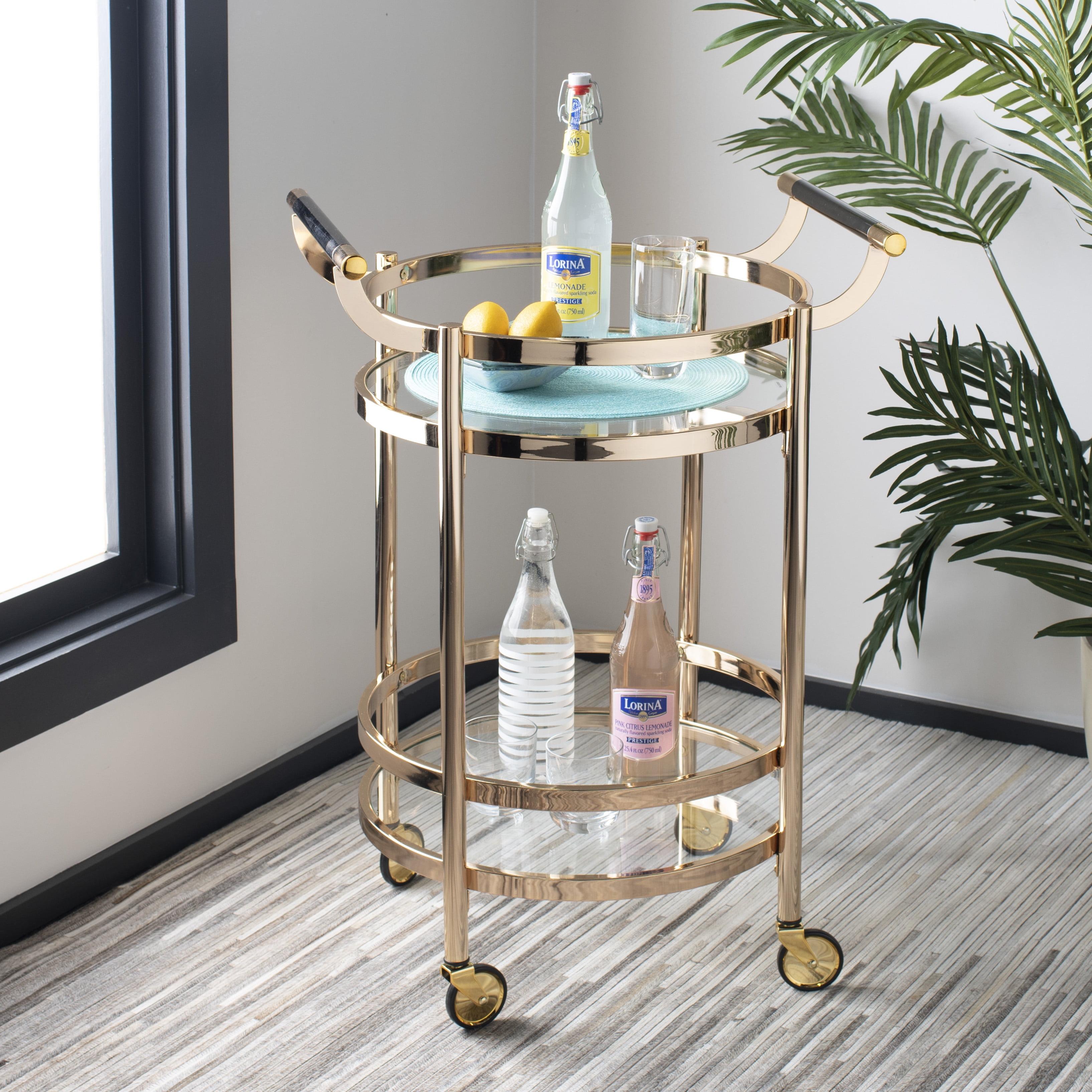 SAFAVIEH Sienna 2 Tier Modern Glam Round Bar Cart with Casters, Gold