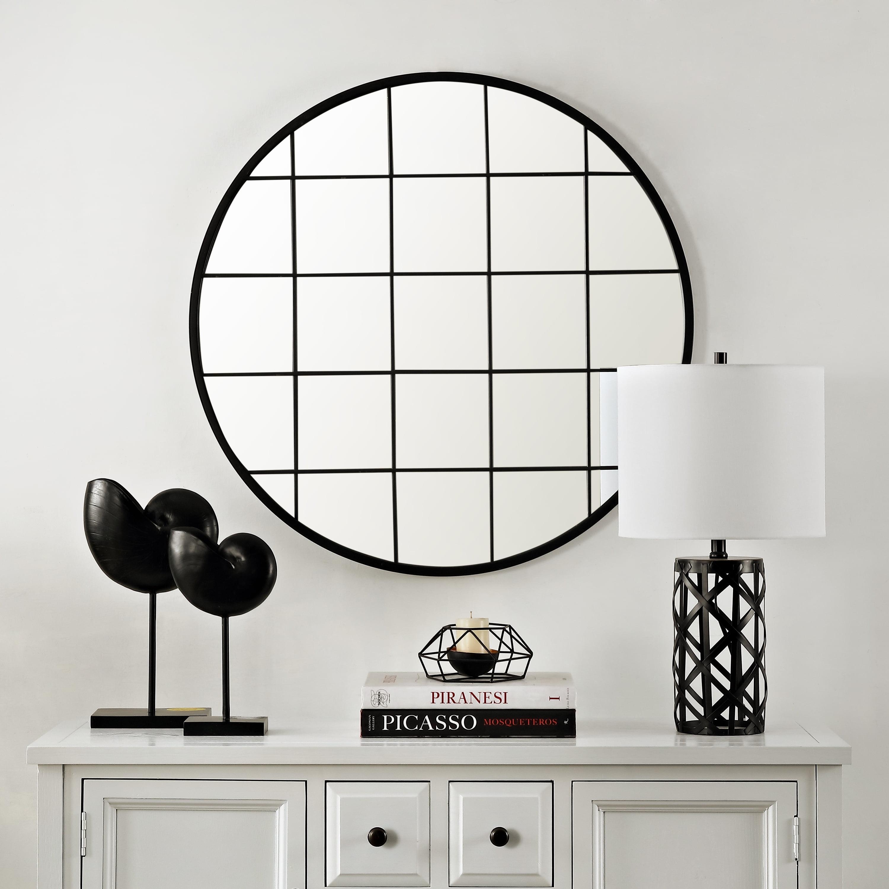 Simmie 36" Round Black Grid Overlay Decorative Mirror
