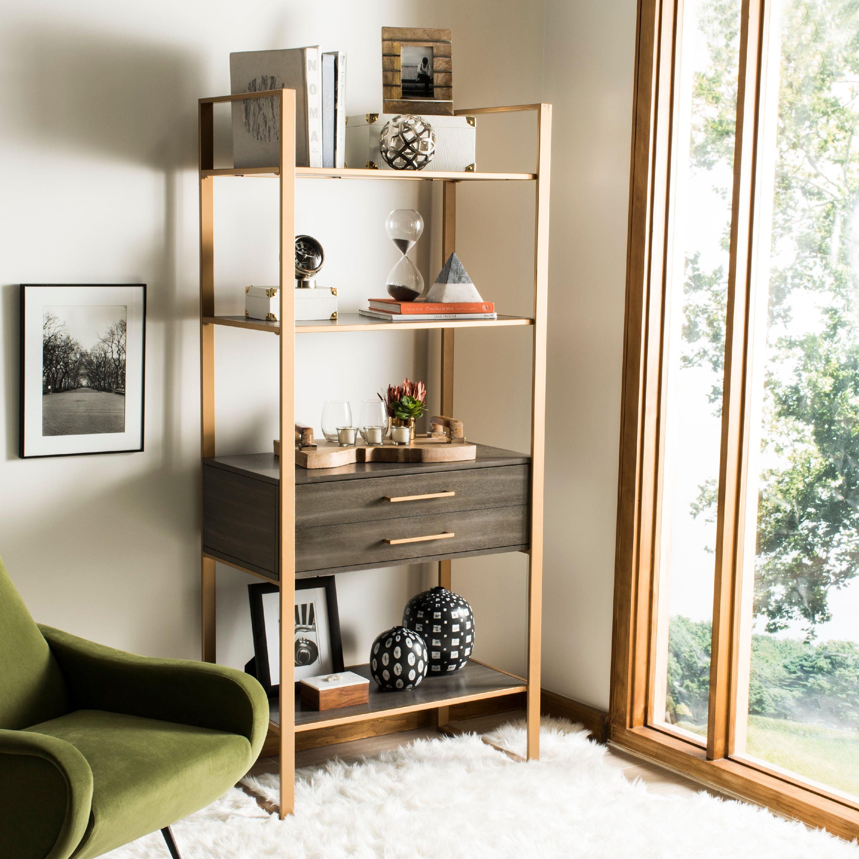 Contemporary Gold and Grey Oak Etagere with Storage Drawer