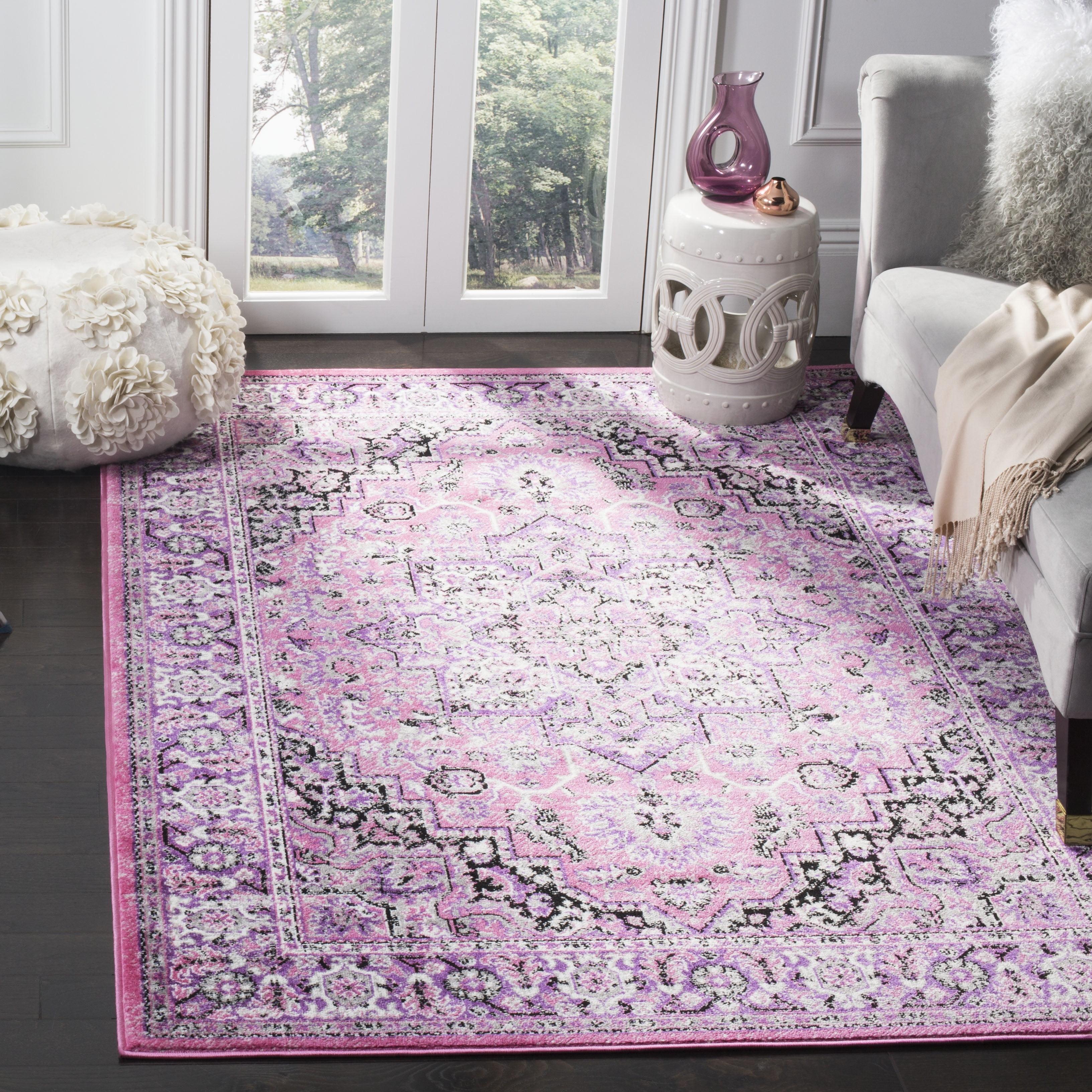 Ivory and Pink Floral Hand-Knotted Round Synthetic Rug