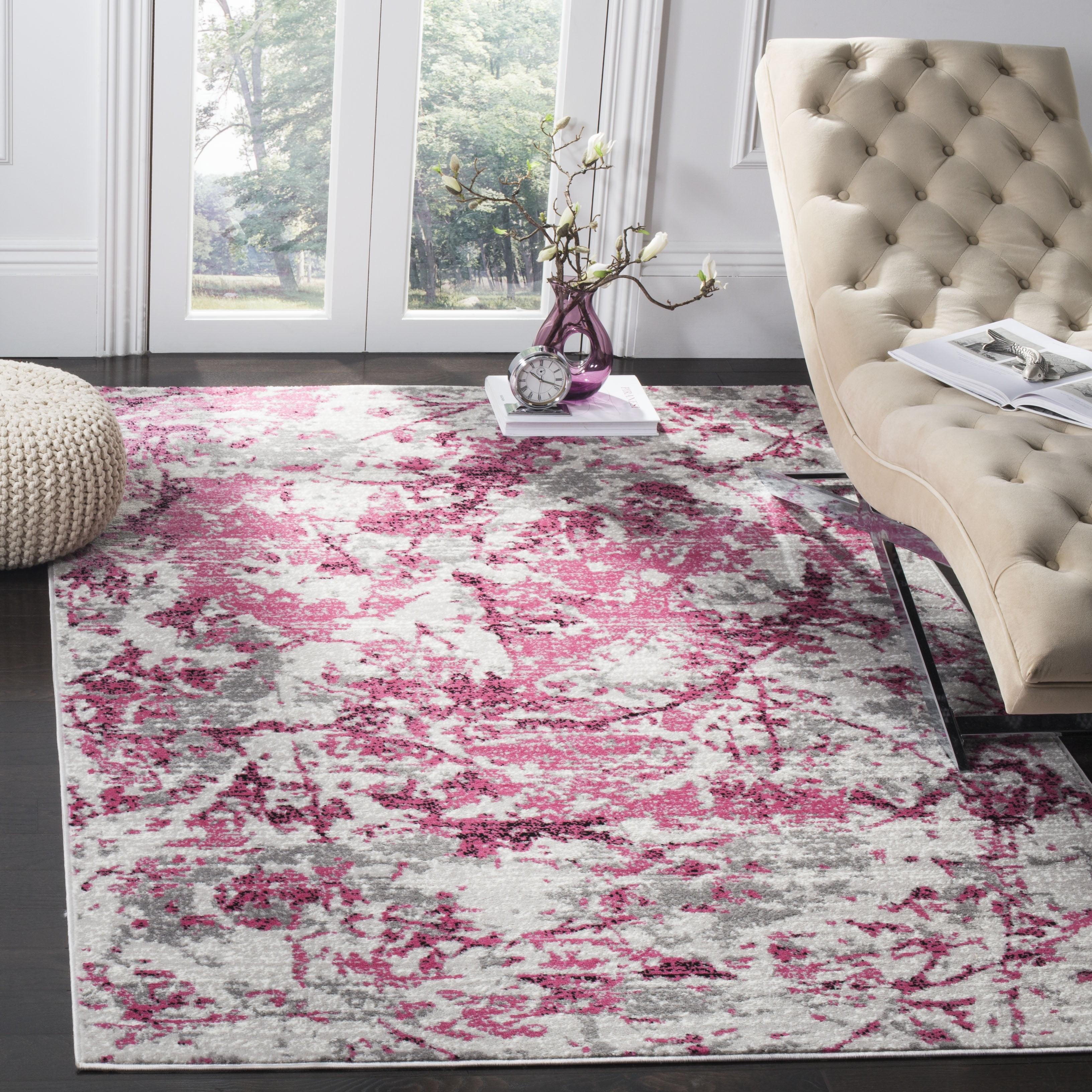 Elysian Abstract Pink and Ivory Square Synthetic Rug