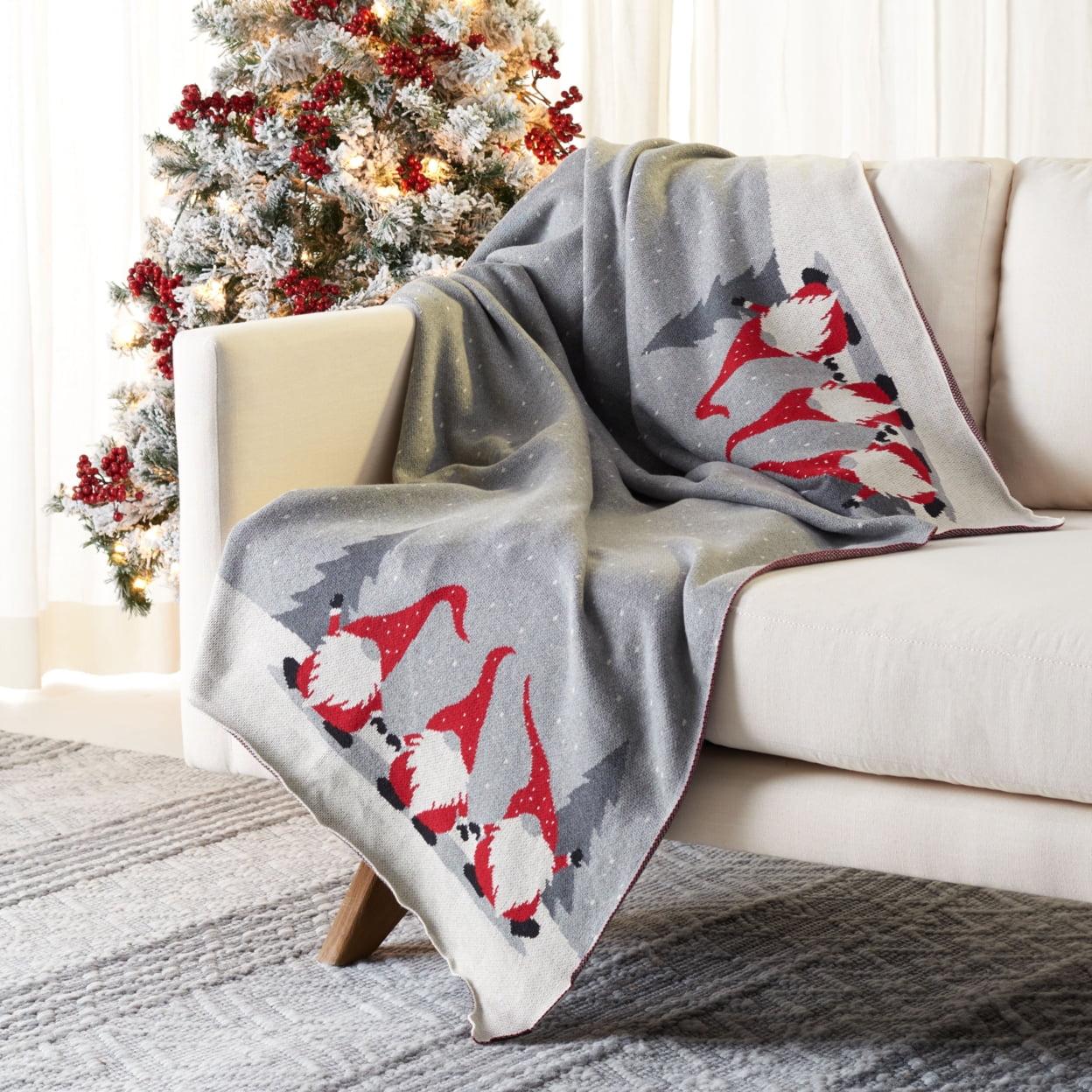 Grey & Red Reversible Knitted Electric Sherpa Throw Blanket