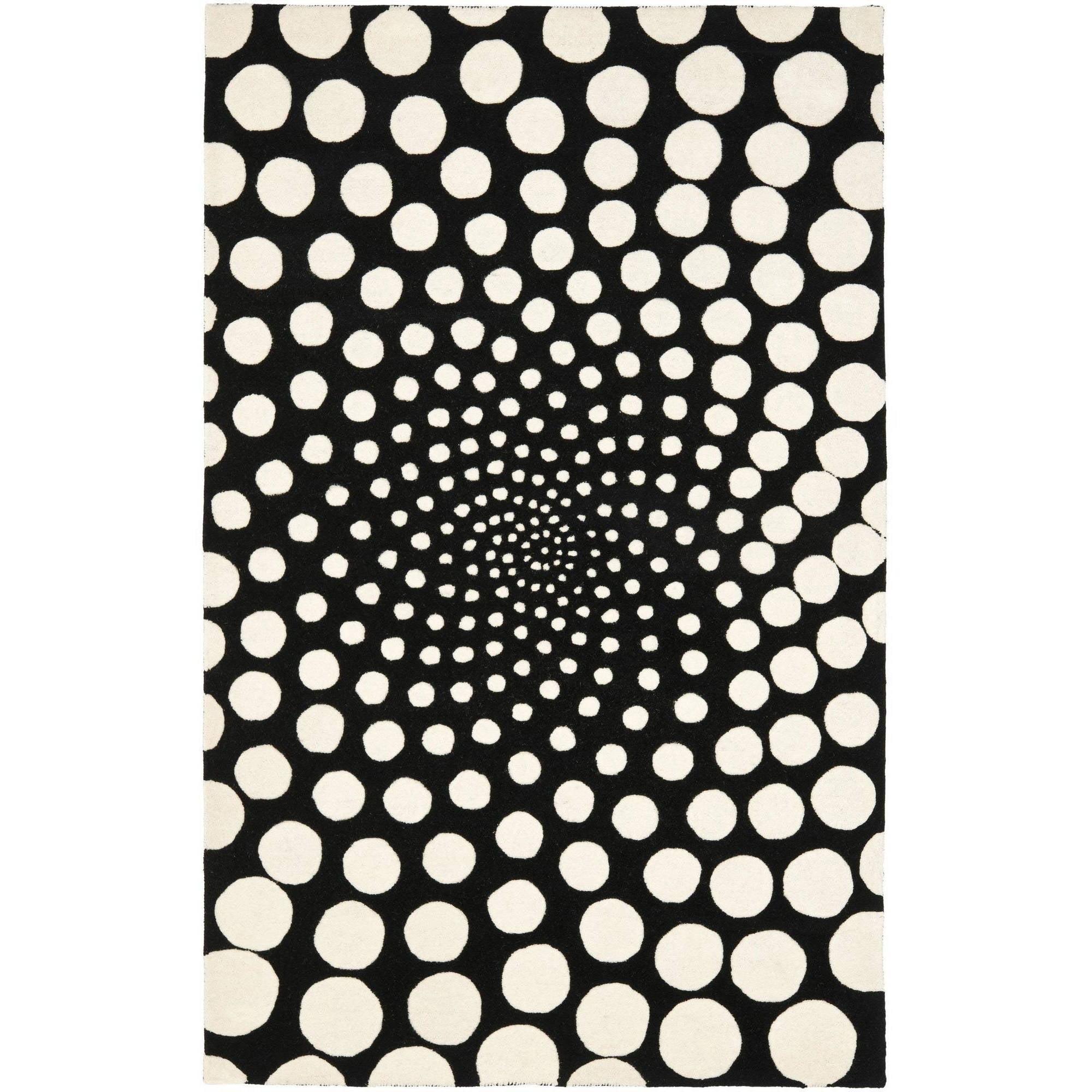 Black and Ivory Tufted Wool Polka Dot Rug, 5' x 8'