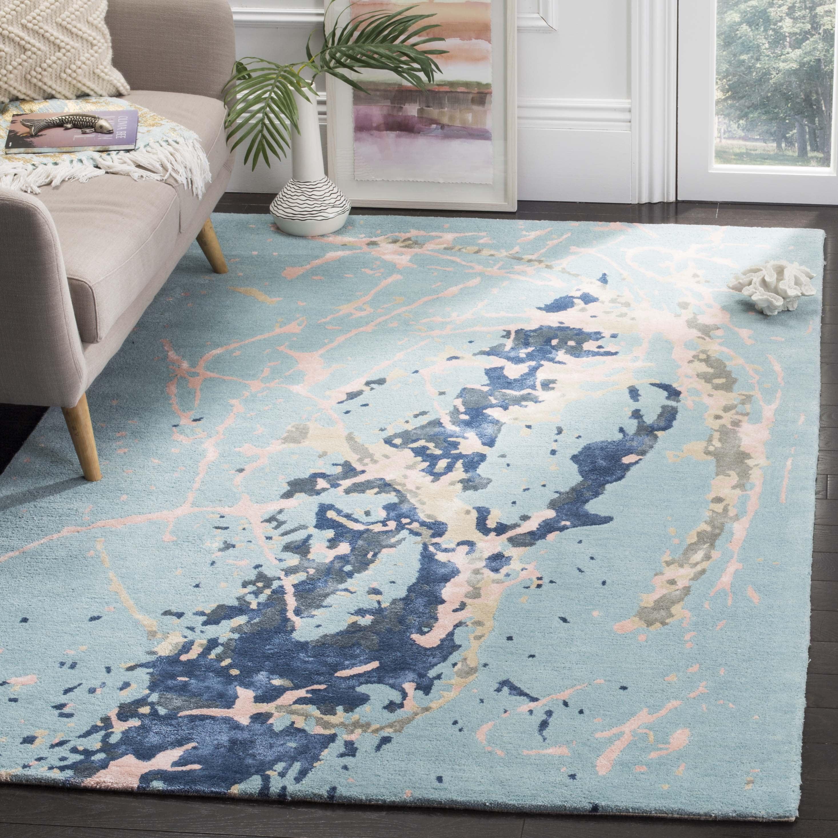 Soho Blue and Light Pink Wool Area Rug