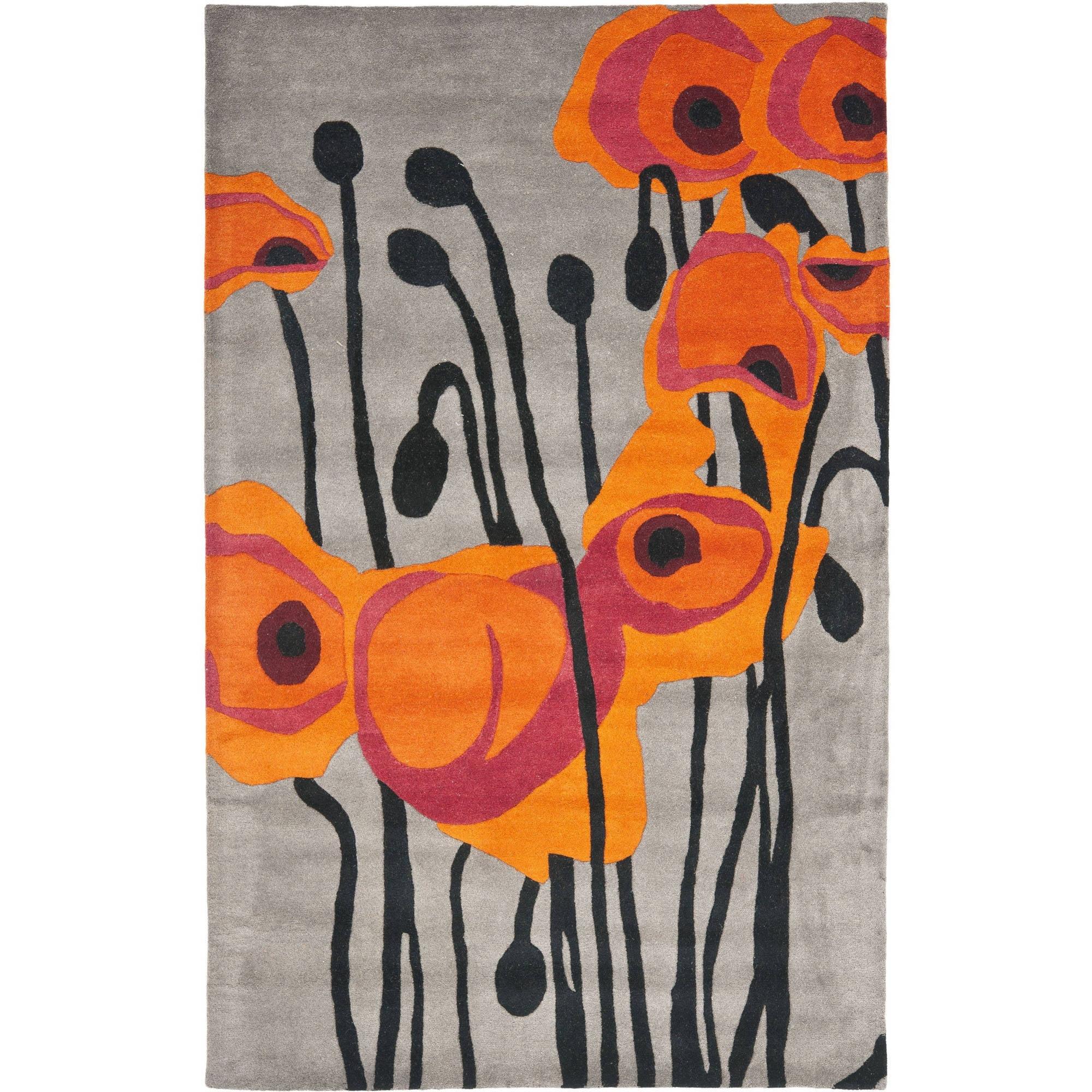 Grey and Orange Tufted Wool Area Rug, 5' x 8'