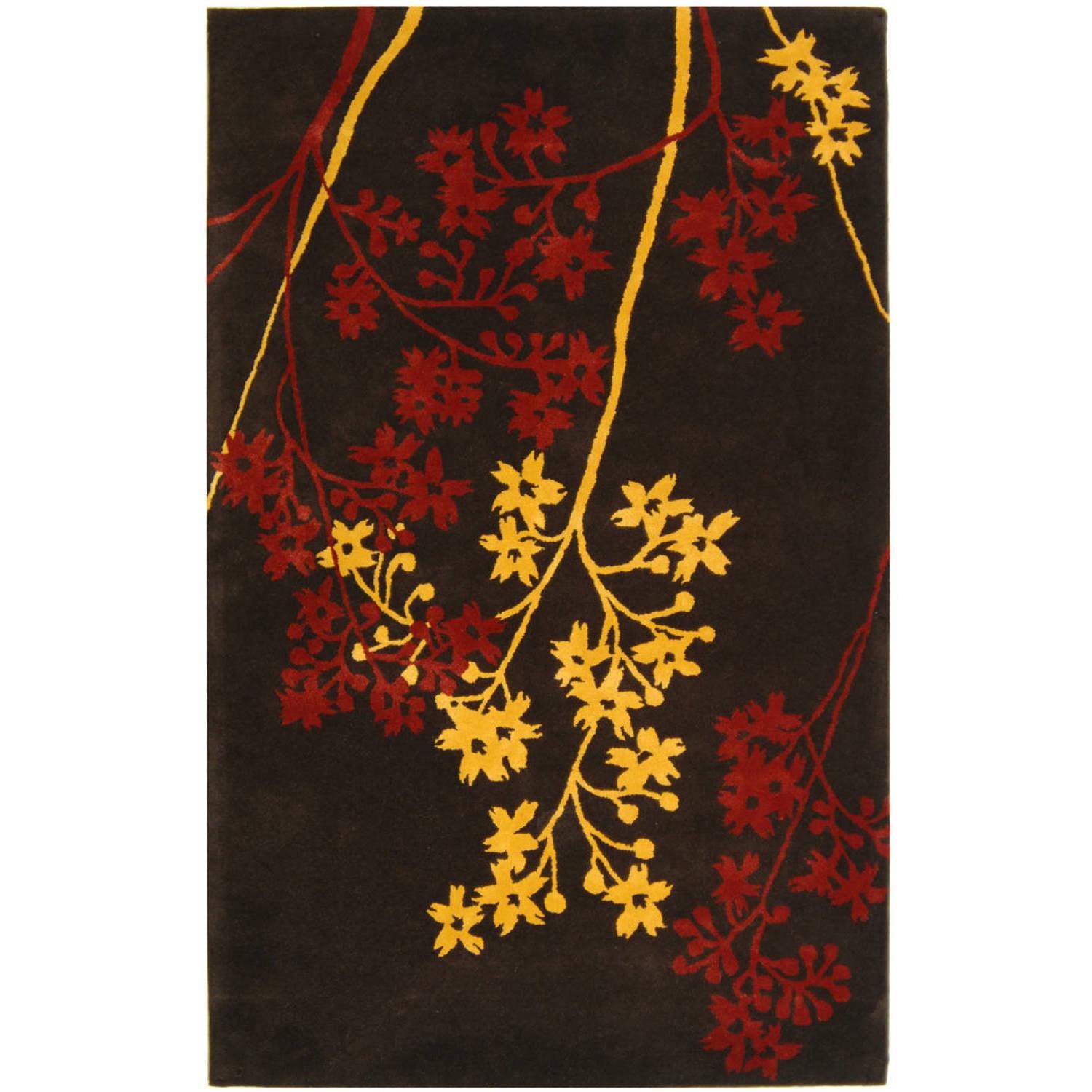 Handmade Brown and Red Floral Wool Area Rug