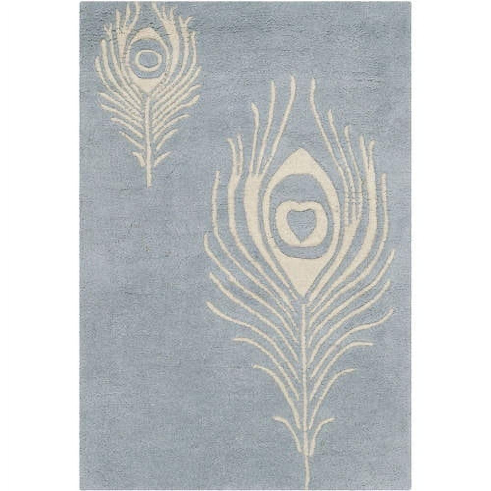 Light Blue and Ivory Tufted Wool Area Rug with Peacock Feather Design, 3'6" x 5'6"