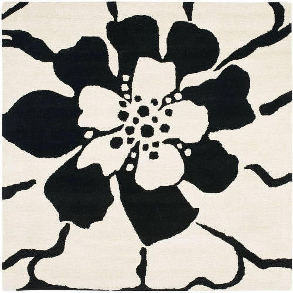 Black and White Floral Tufted Wool Square Rug, 6' x 6'