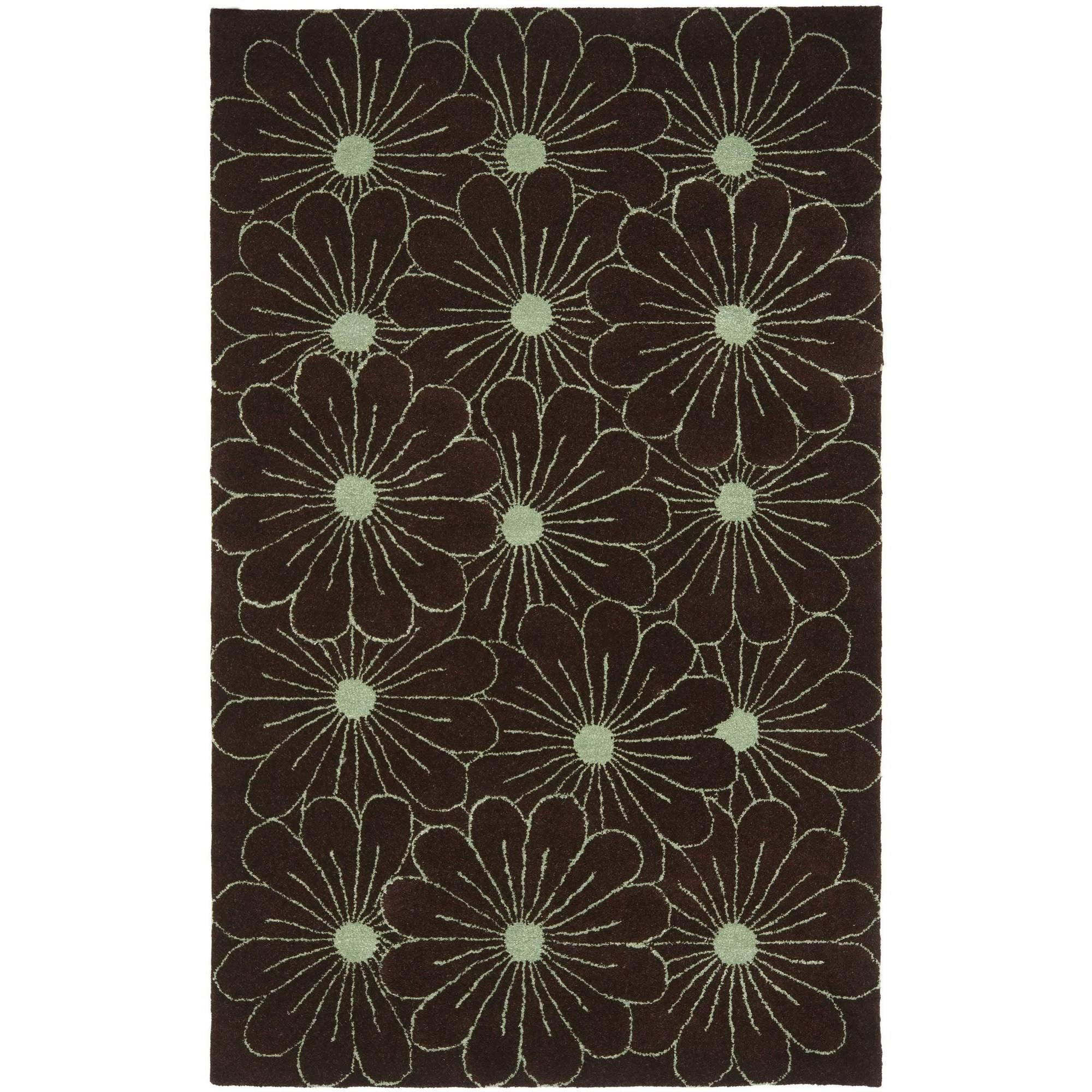 Brown and Teal Floral Wool Handmade Area Rug, 7'6" x 9'6"