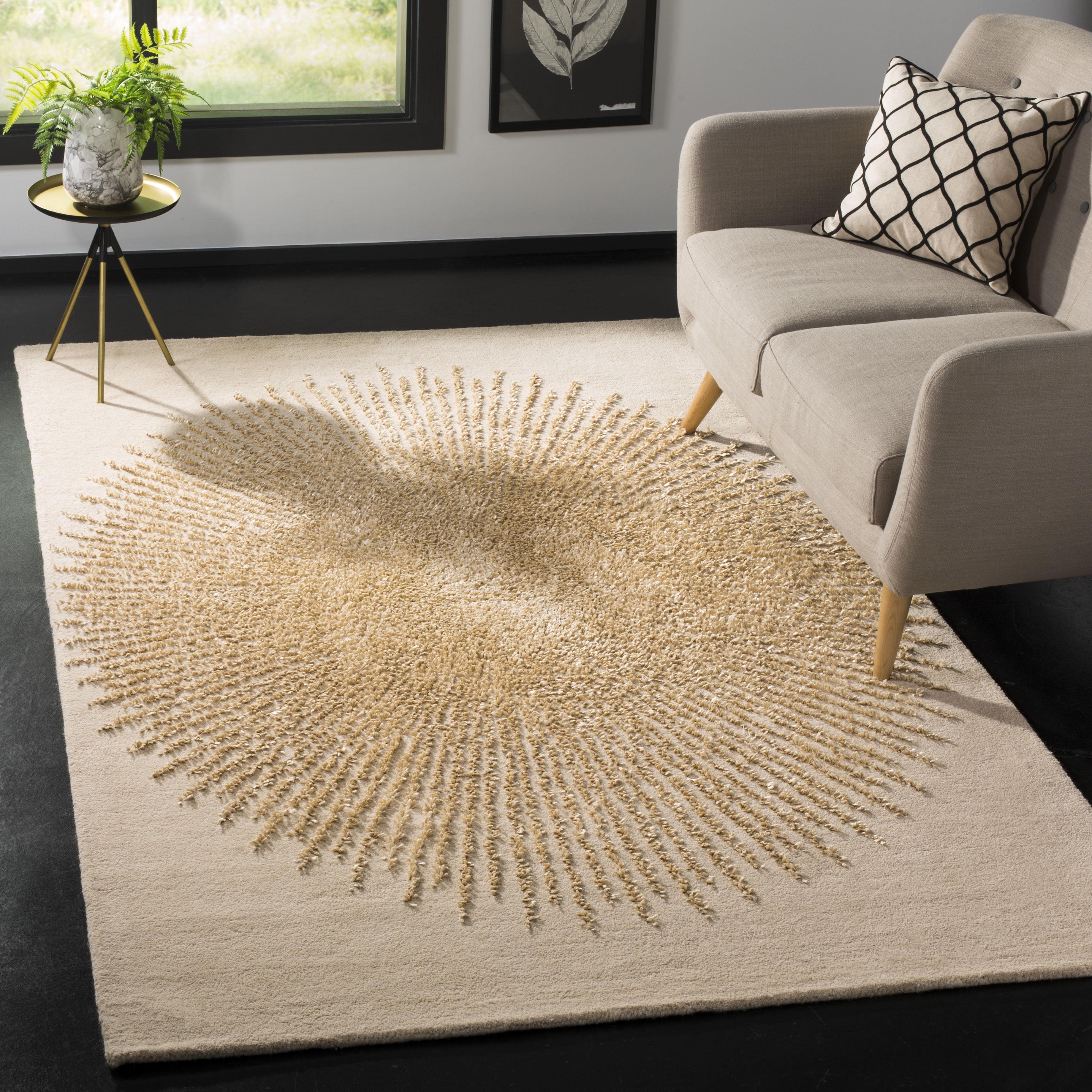 Beige and Gold Tufted Handmade Wool and Viscose Area Rug