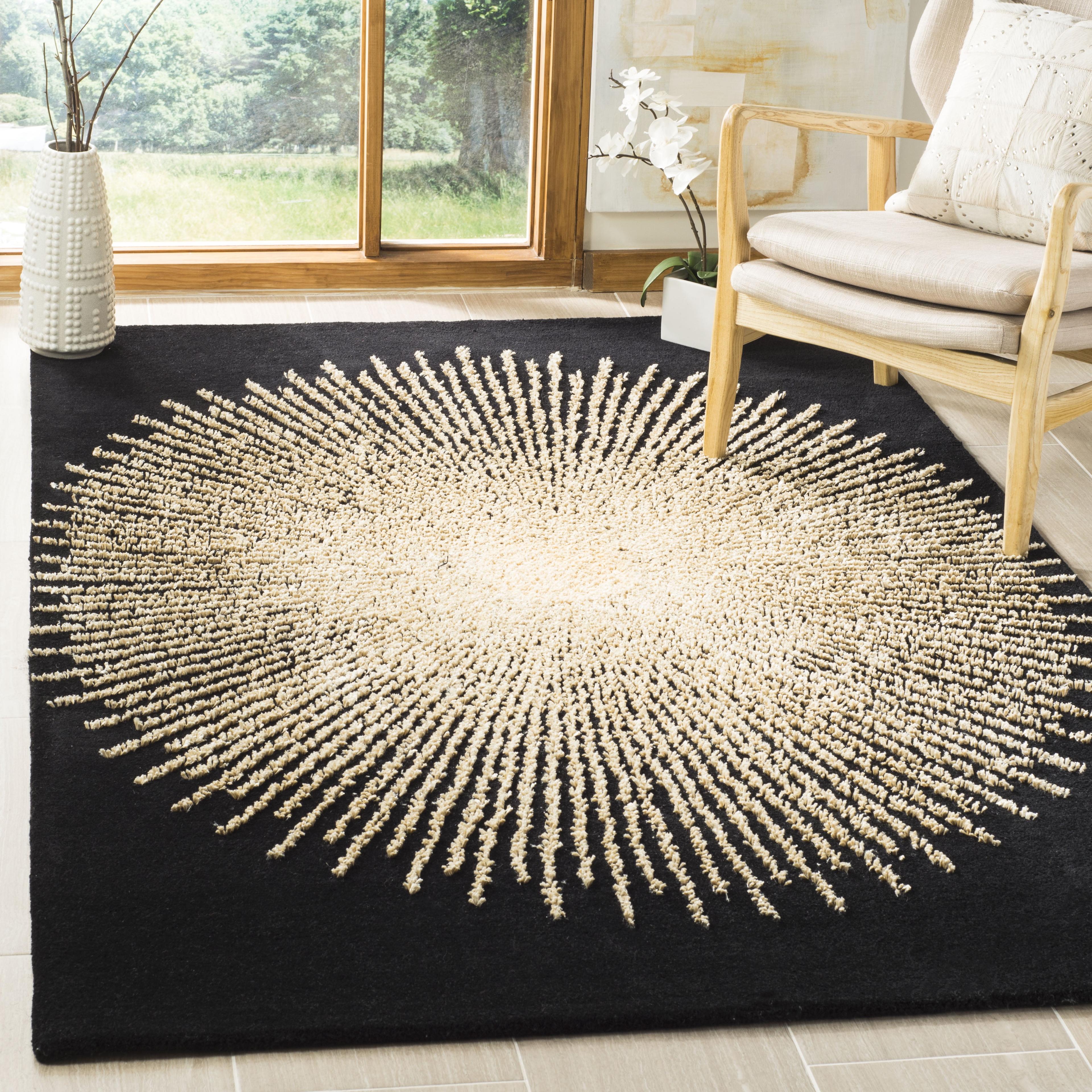 Black and Beige Round Handmade Wool Area Rug