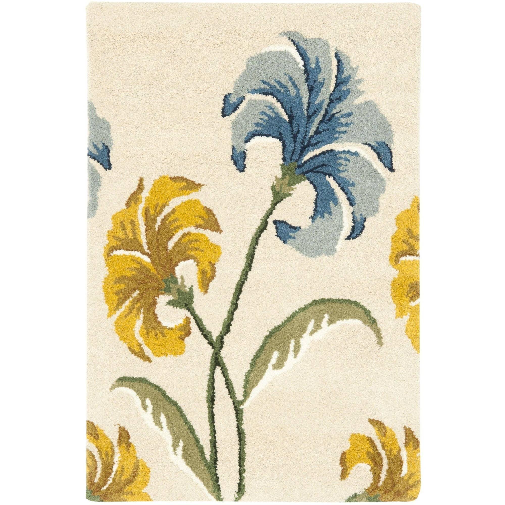 Beige and Multicolor Floral Tufted Wool Area Rug, 2' x 3'