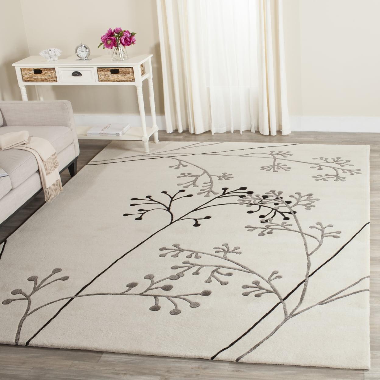 Ivory and Grey Tufted Wool and Viscose Square Rug