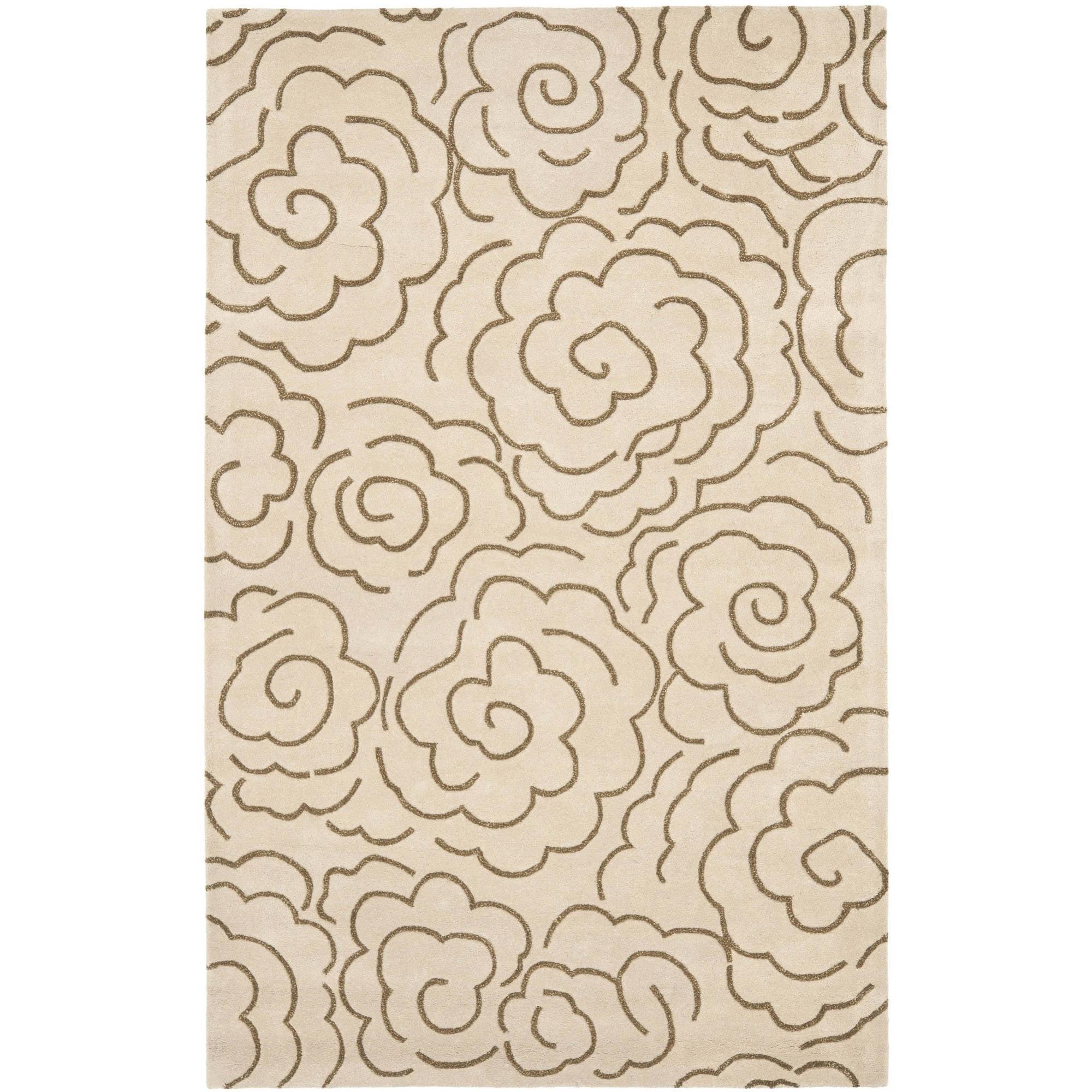 Beige Floral Tufted Wool and Viscose Area Rug, 5' x 8'