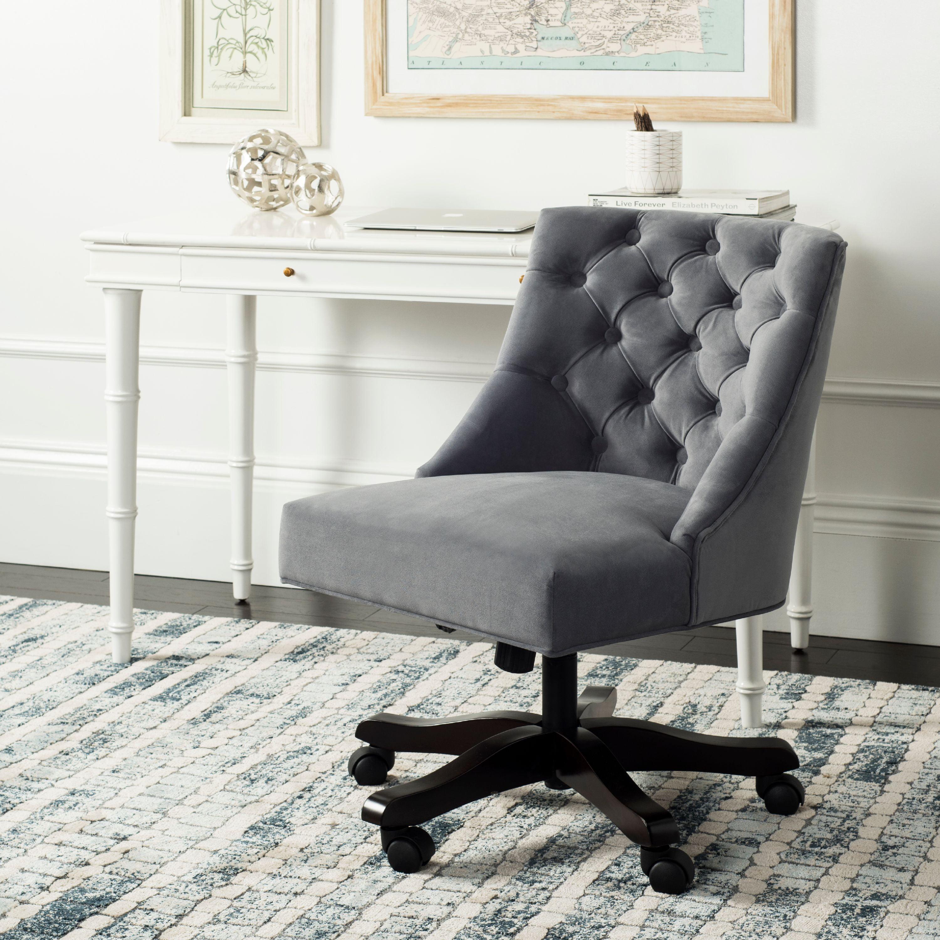 Elegant Gray Tufted Transitional Swivel Desk Chair in Wood Finish