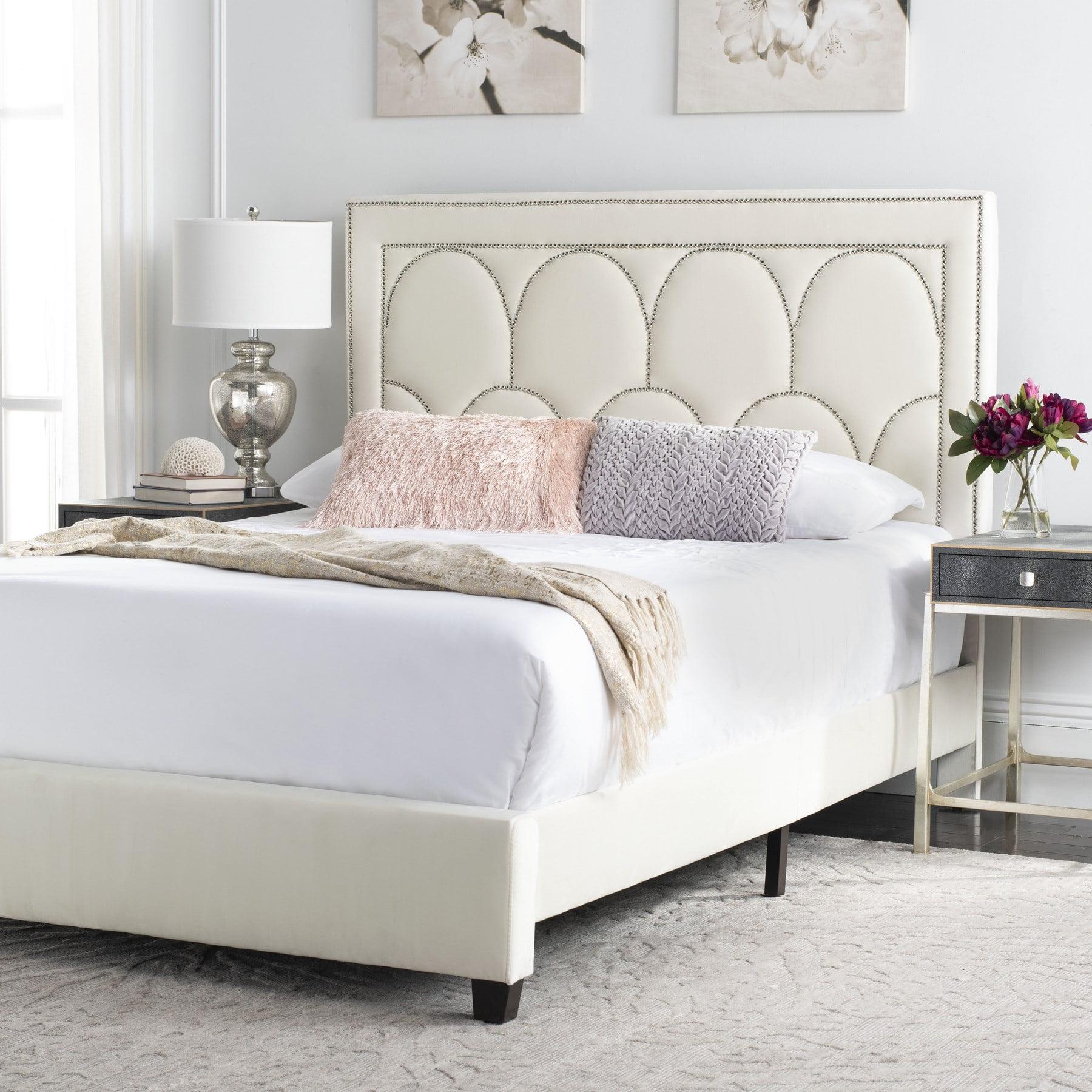 Transitional Queen Platform Bed with Plush Cream Velvet Upholstery