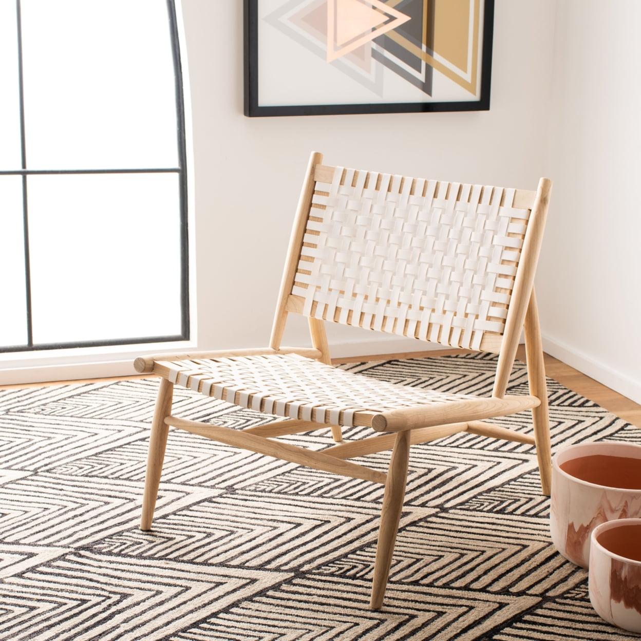 Transitional Beige and White Leather Woven 26'' Accent Chair