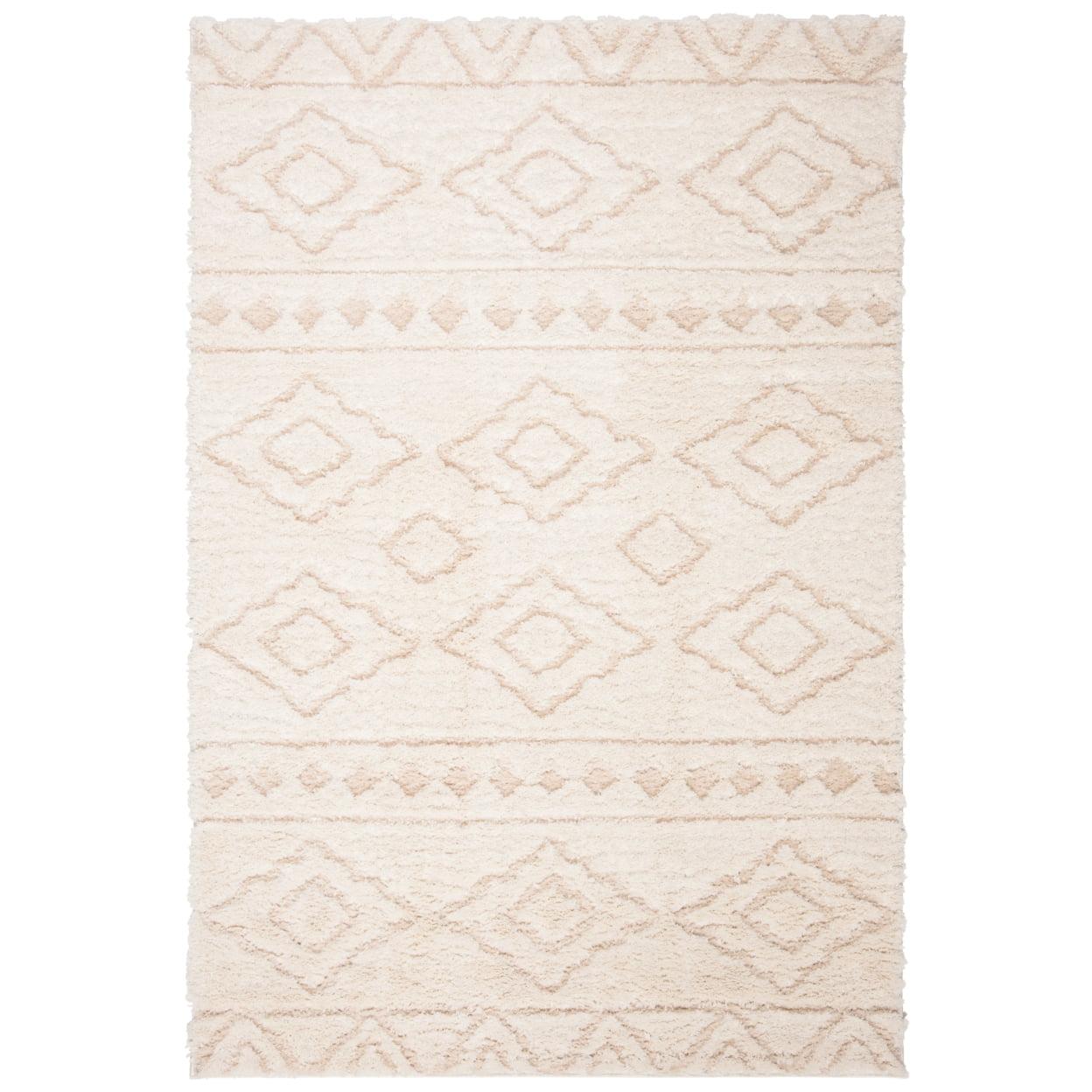 Ivory/Beige Geometric Soft Shag Synthetic Area Rug, 5'1" x 7'6"