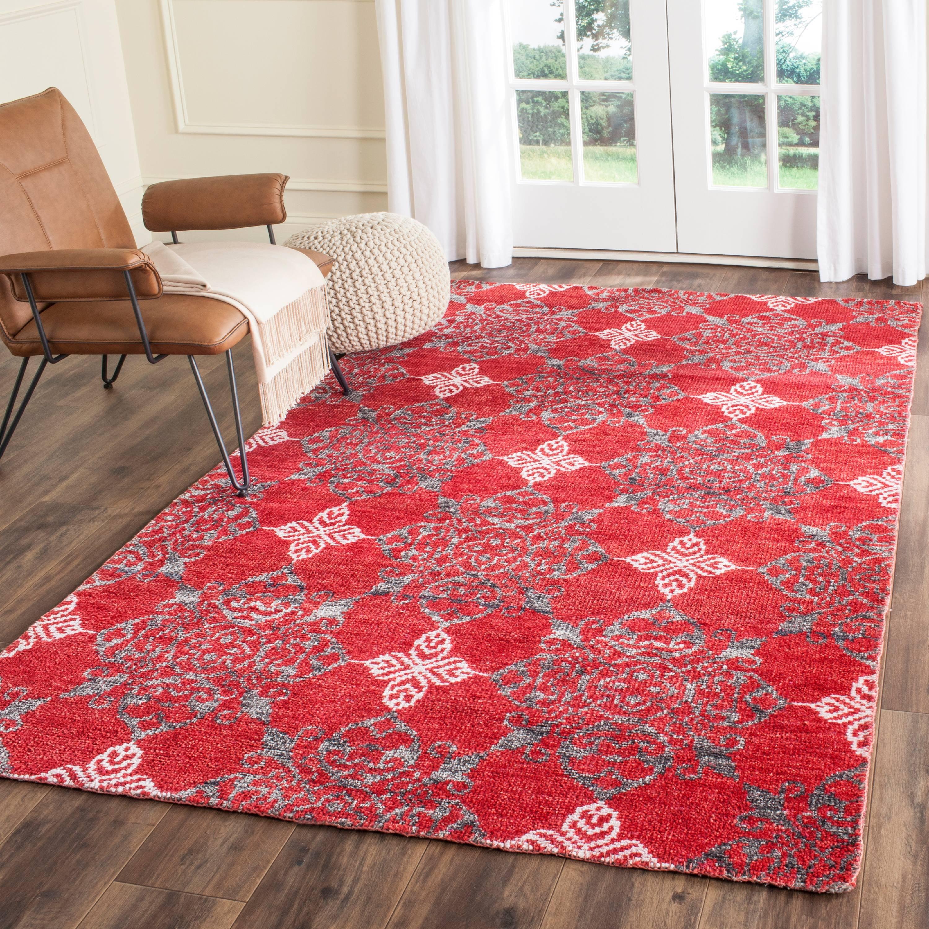 Hand-Knotted Red Wool and Silk 4' x 6' Area Rug