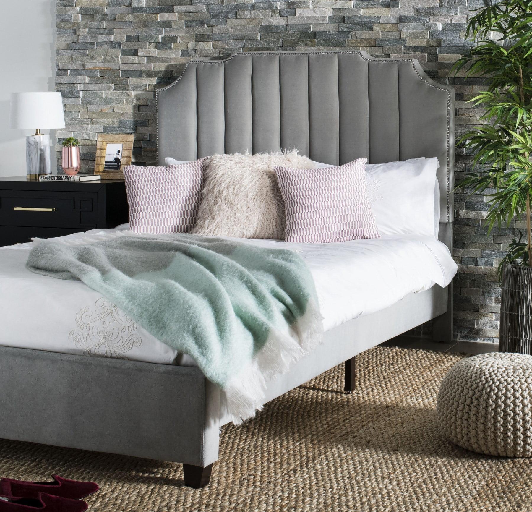 Gray Velvet Full Platform Bed with Tufted Headboard