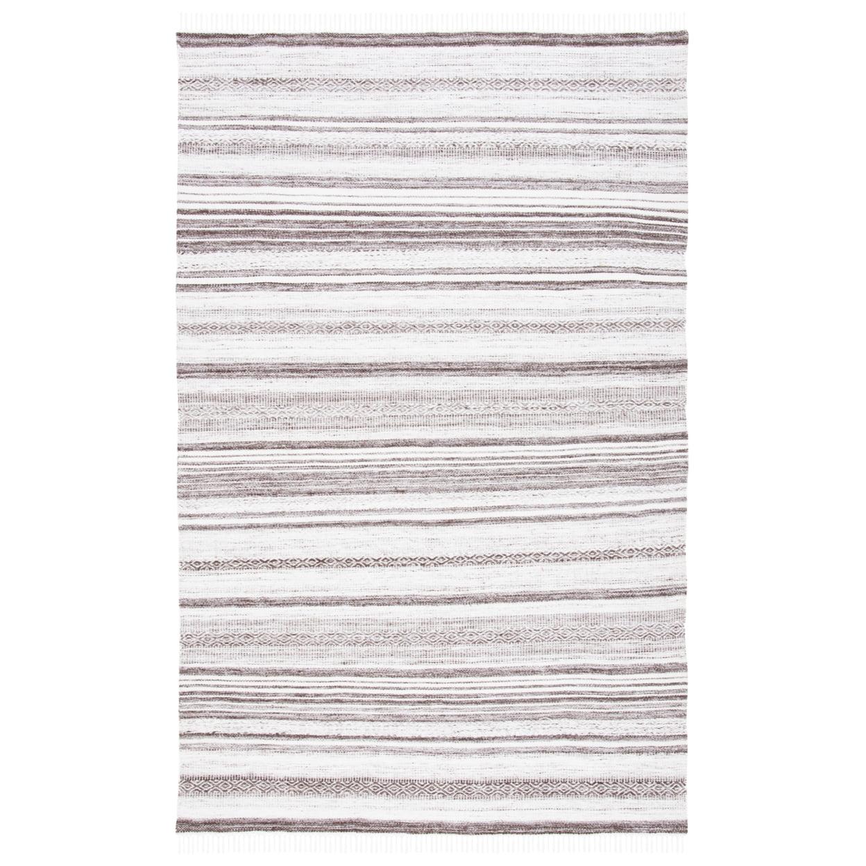 Ivory and Brown Striped Flat Woven Wool Area Rug