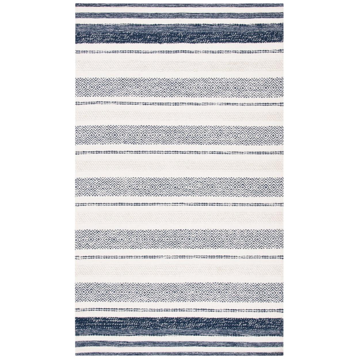 Ivory and Navy Handwoven Wool-Cotton Blend 6' x 9' Kilim Stripe Rug