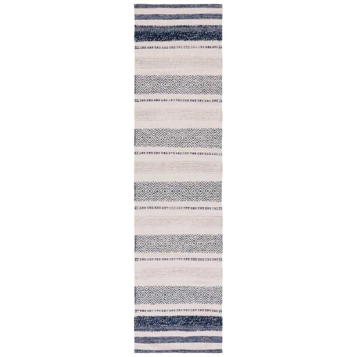 Ivory and Navy Striped Kilim Flat Woven Wool Rug