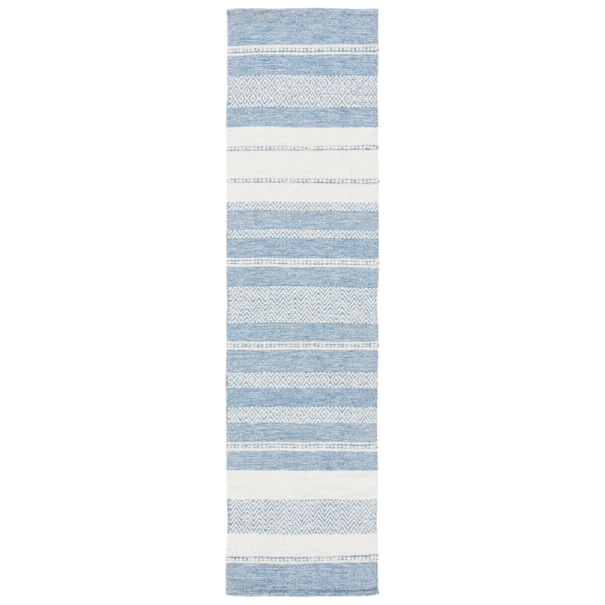 Ivory and Blue Handwoven Kilim Stripe Wool-Cotton Rug - 27in x 9in