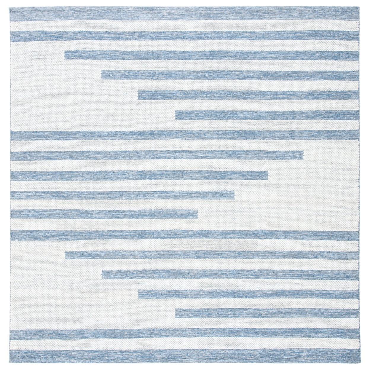 Ivory and Blue Handwoven Kilim Square Wool Rug - 7' x 7'