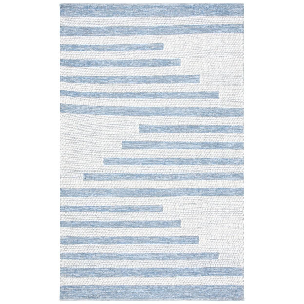 Ivory and Blue Striped Wool Cotton 4' x 6' Area Rug