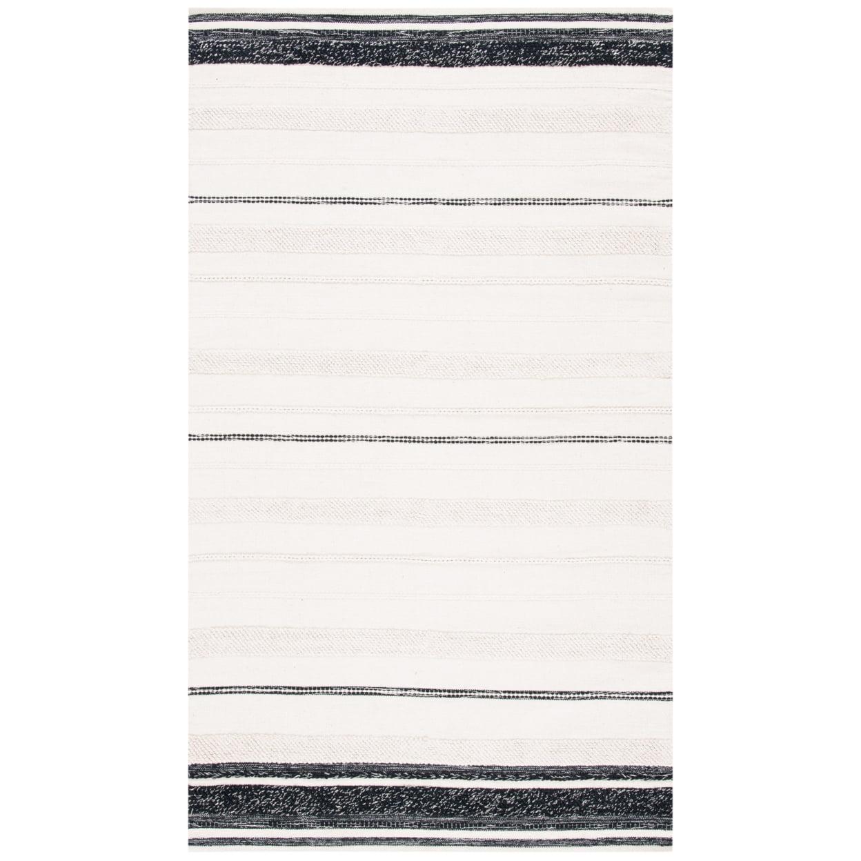 Ivory and Black Striped Kilim 3' x 5' Wool Cotton Area Rug